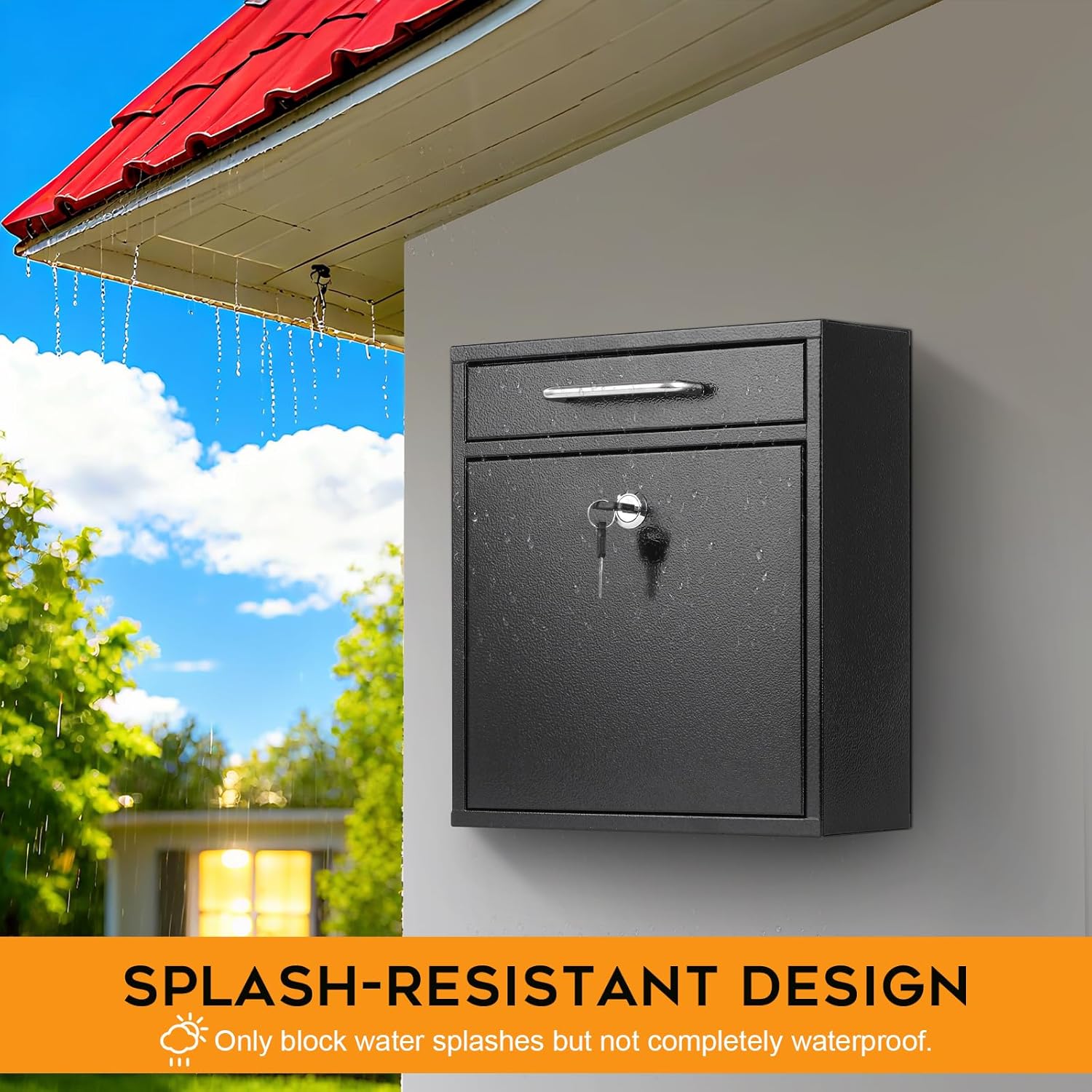 xydled Steel Mailbox Wall Mount, Medium Locking Mailbox with Key Lock, Lock Mail Boxes for Outside, Security Key Drop Box, Collection Boxes, 13.4H x 11.6L x 5.6W Inches, Black, Large
