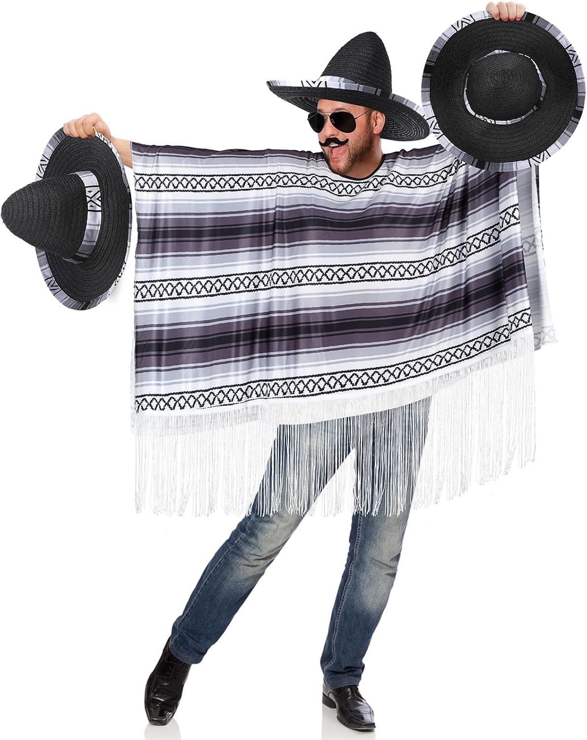 Yahenda 4 Pcs Mexican Style Costume Set for Adults Include Mexican Serape Poncho Sombrero Sunglasses Moustache - Image 5