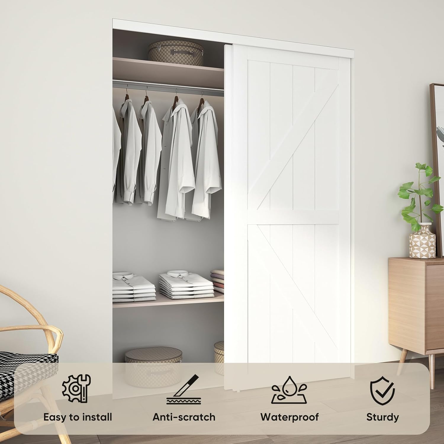 JUBEST 60"(Double 31") x80" Sliding Closet Door, K Style Bypass Closet Door with Hardware Kit & Matching Fascia, Preassembled Solid Wood Slab with Water-Proof PVC Surface, Easy to Install, White