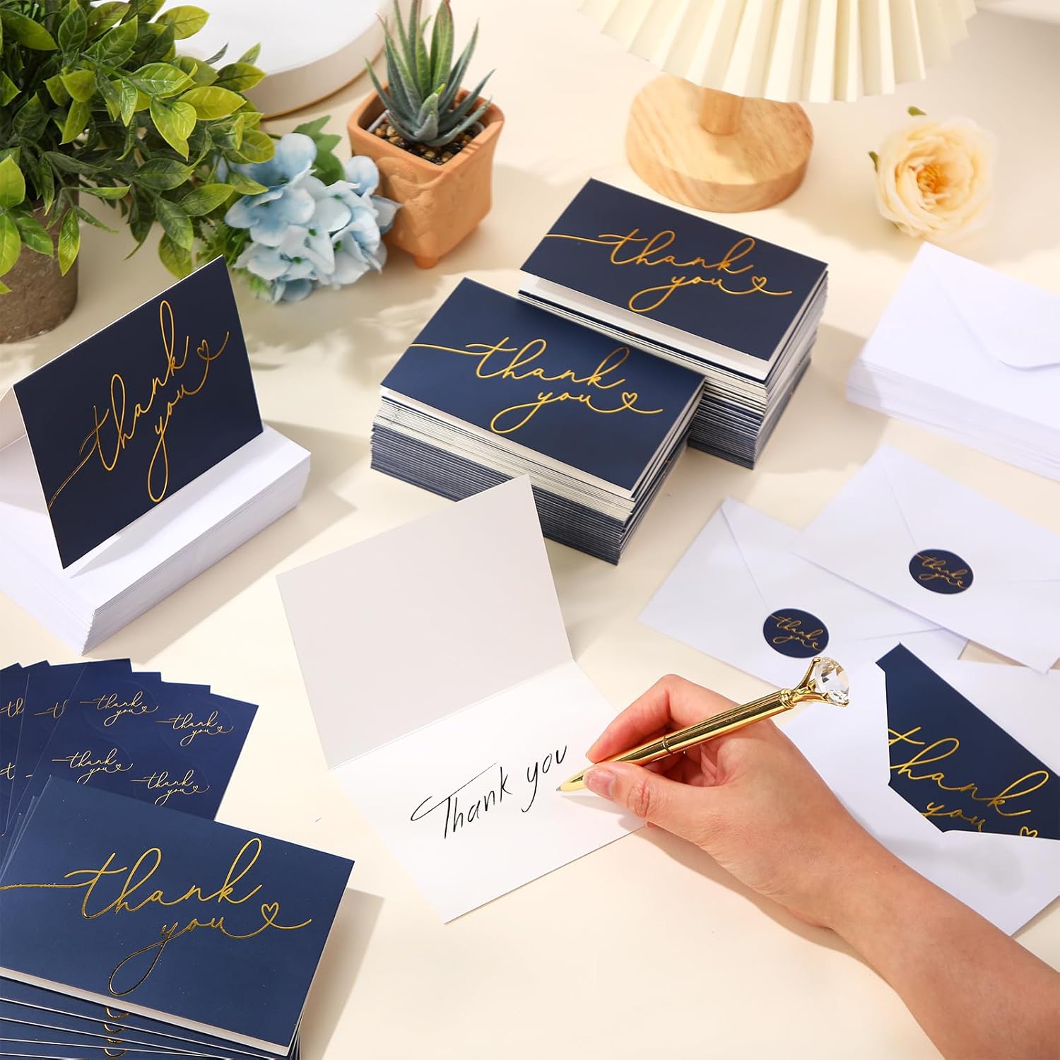 Gueevin 200 Pcs Thank You Cards with Envelopes & Foiled Stickers Bulk 3. 5 x 5 Inch Greeting Cards Foiled Thank You Notes for Wedding, Bridal Shower, Business, Graduation and More(Navy Blue) - Image 5