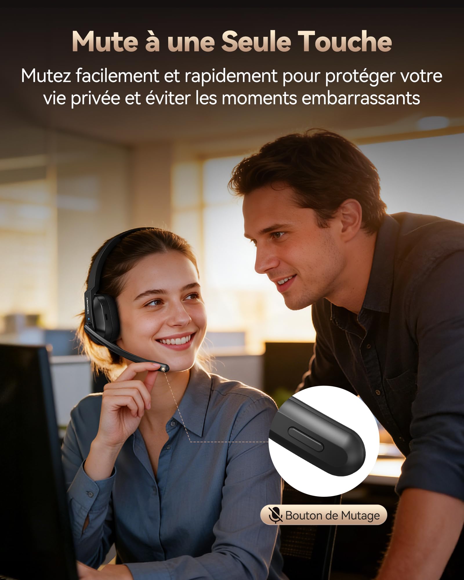 TECKNET Casque Bluetooth V5.2 avec microphone, casque sans fil avec station de charge, MIC ENC Casque PC, dongle USB, casque supra-auriculaire sans fil pour camionneur/centre d'appel/bureau – Batterie