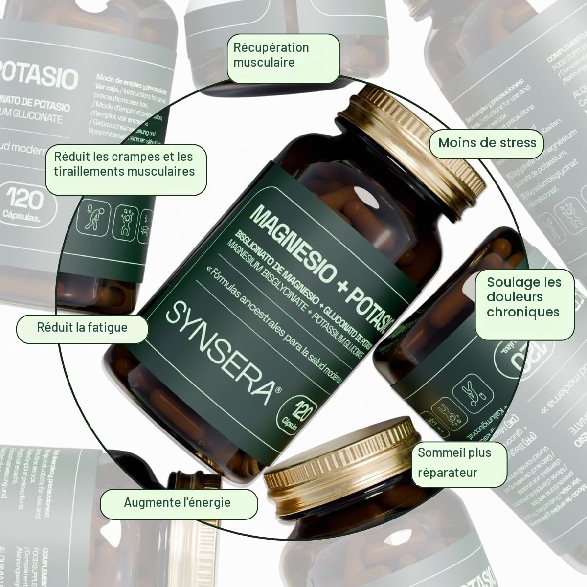 SYNSERA - Magnésium Bisglycinate et Potassium Gluconate - Supplément Premium Haute Absorption - Antifatigue, Sommeil, Stress et Crampes Musculaires - Formule Technique Avancée - 120 Gélules
