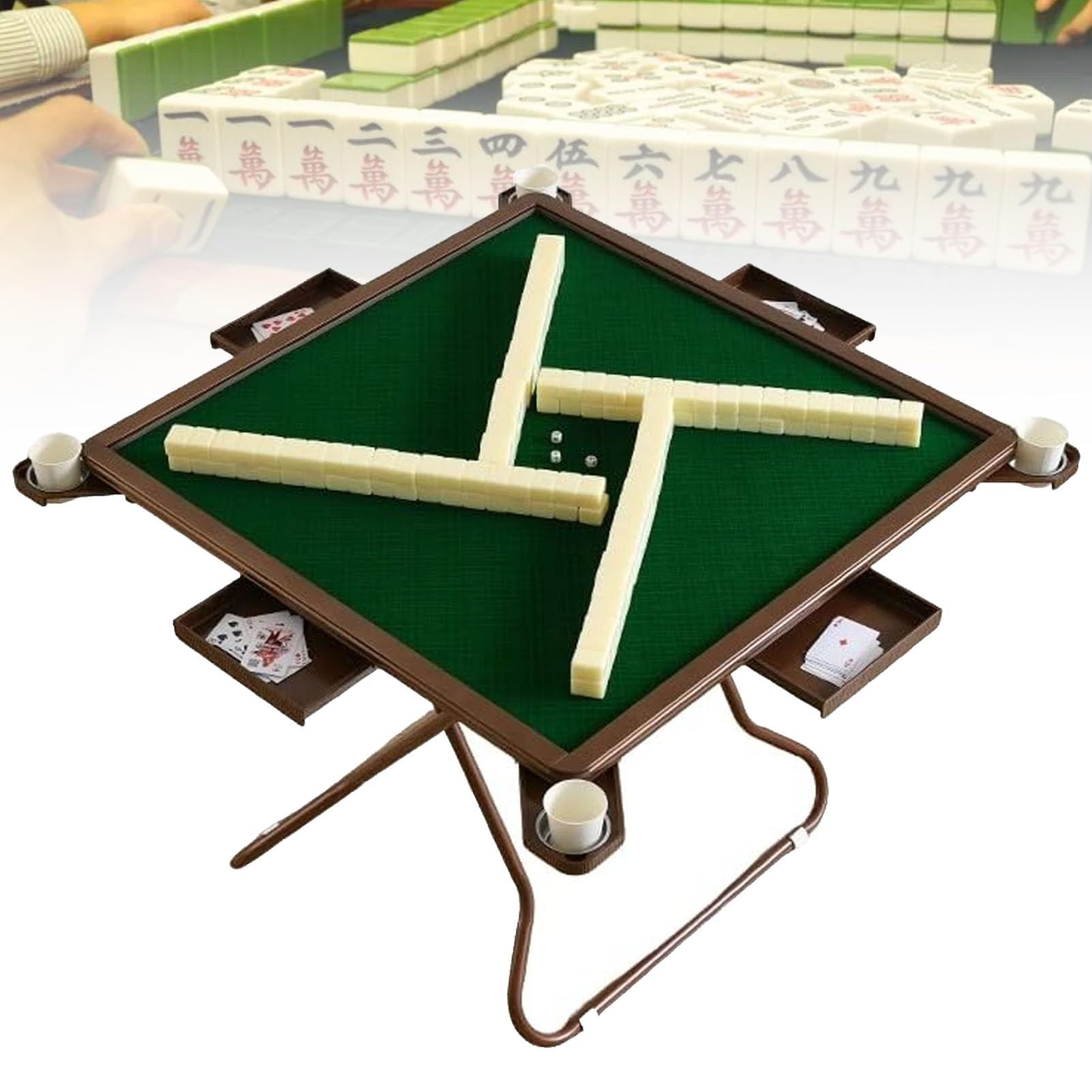 Składany stół Mahjong,wielofunkcyjny stół karciany z pluszowym blatem,stół do gry Party Gathering z uchwytami na kubki i szufladą,do kart do pokera,Mahjong,gry planszowe