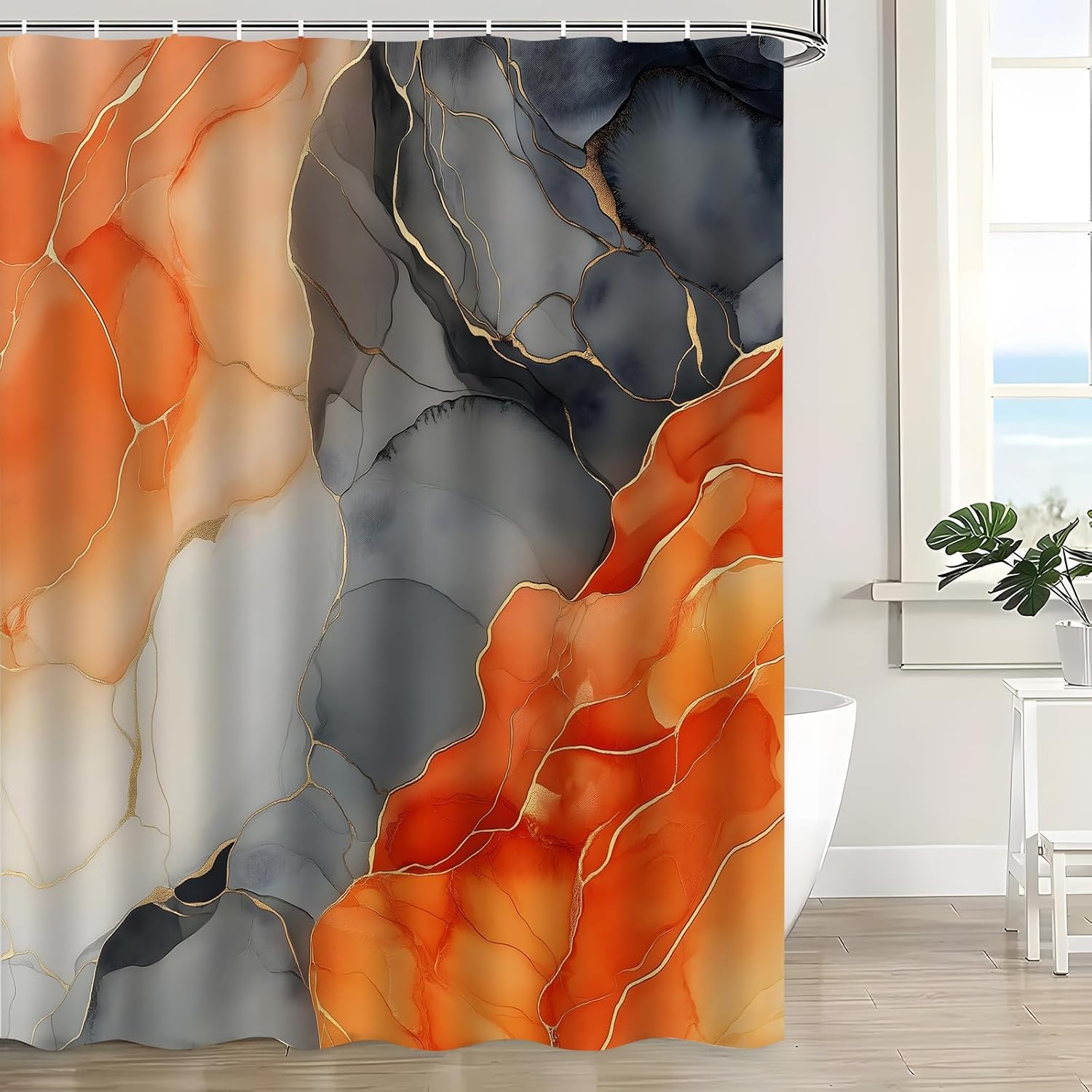 Orange Black Marble Shower Curtain Modern Abstract Marble Contemporary Neutral Luxury Aesthetic Art Bath Curtain with Hooks, 70x70 Inch
