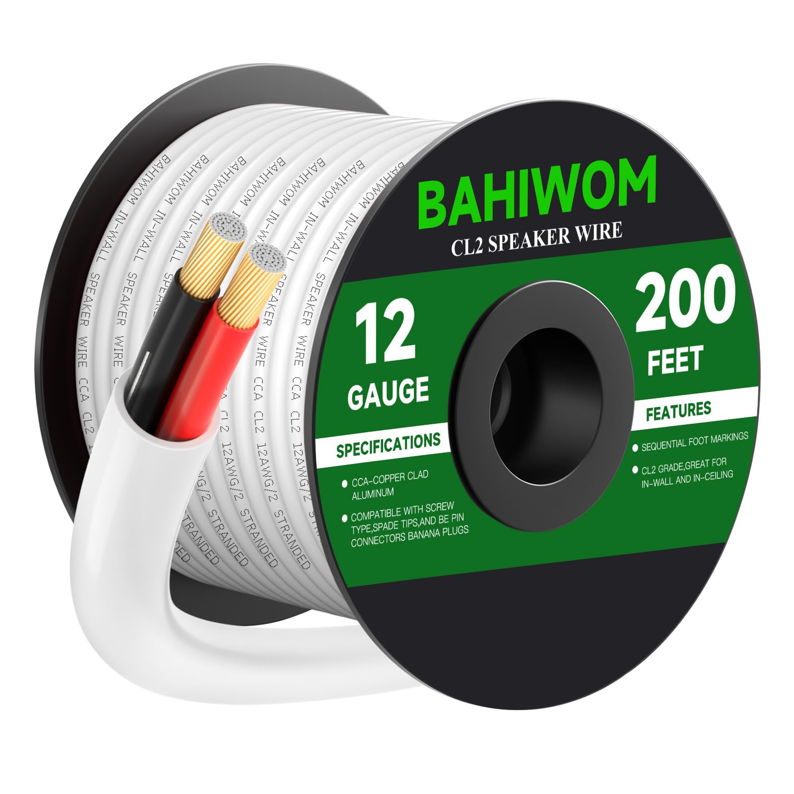 BAHIWOM 12 Gauge Speaker Wire CCA 200ft