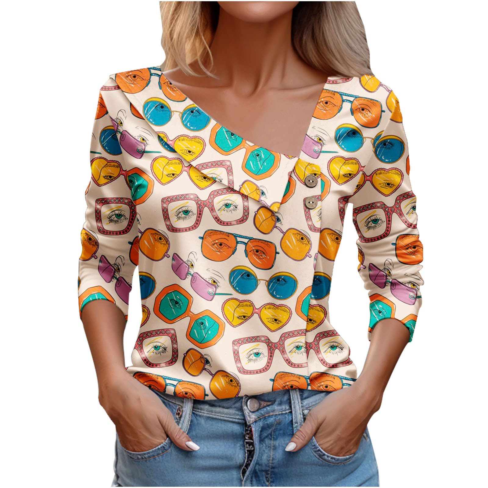 Women Tops Spring 2025 Long Sleeve V Neck Loose Shirts Plaid Print Asymmetric Button Blouses Business Casual Tunic