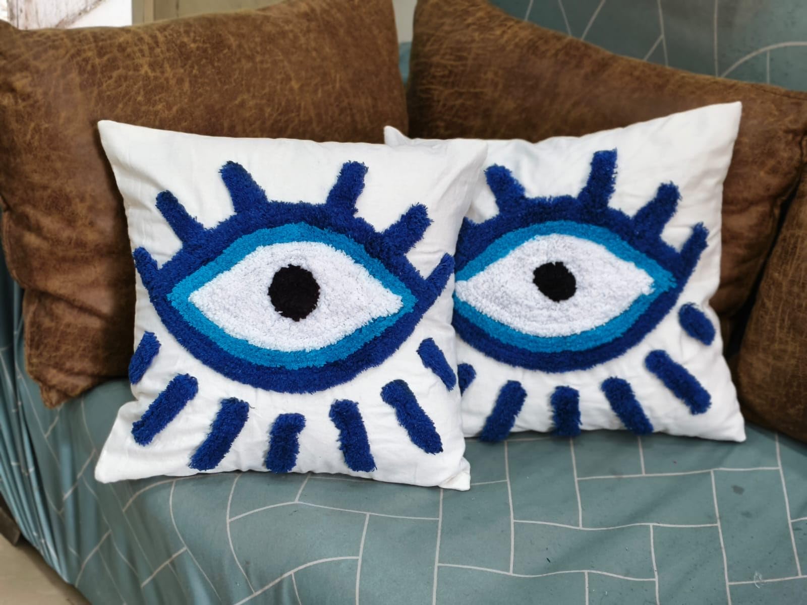 Furnistitchs Premium Decorative Throw Cushion Pillow Cover Boho Home Decor - Living Room Bedroom Couch Sofa Cushion Covers 16 inch x 16 inch (2, Blue Cross)