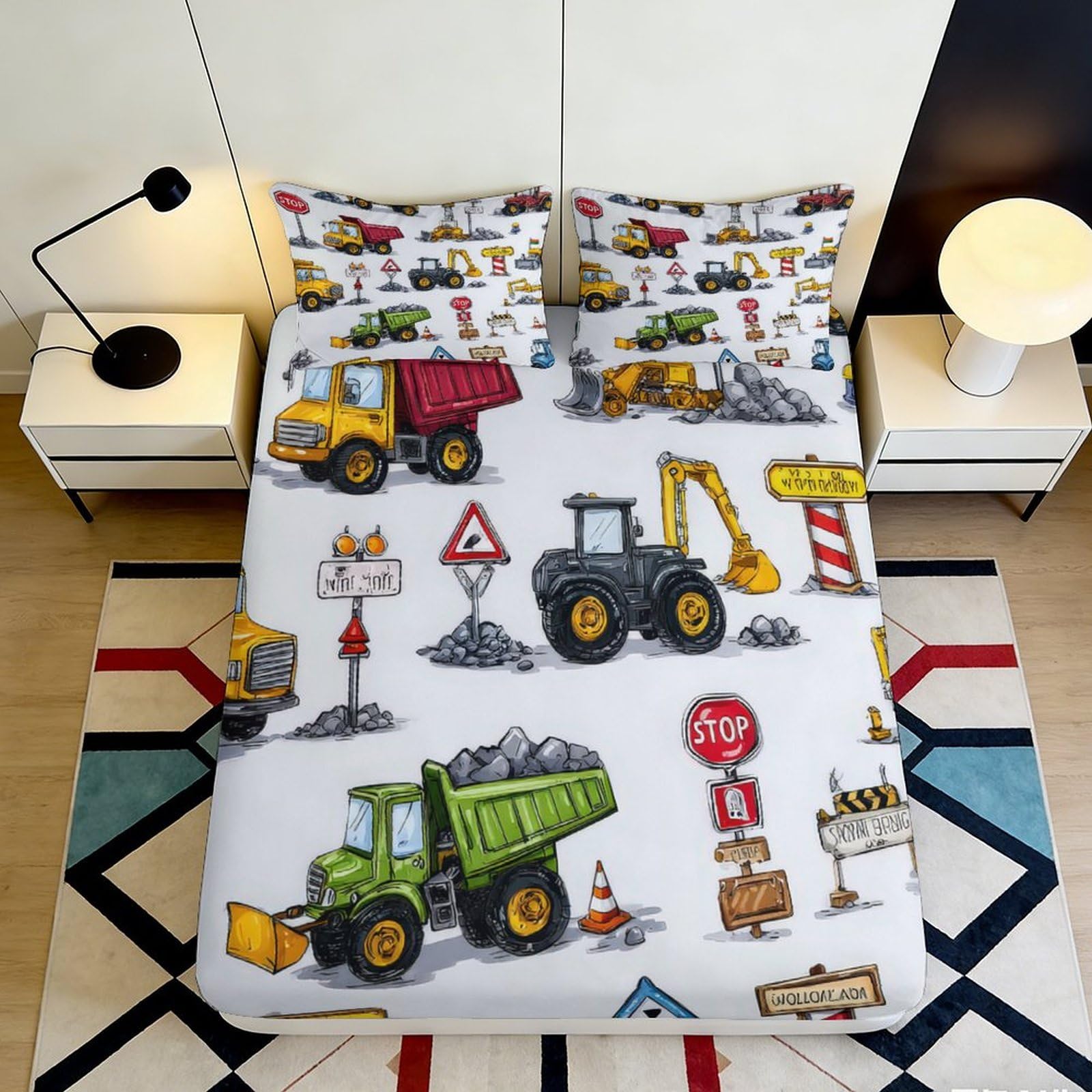 3D Printed Construction Trucks Fitted Sheet Microfiber Non Slip Vehicle Signs Mattress Cover for Bedroom Dorm Easy Care 160x200x25cm