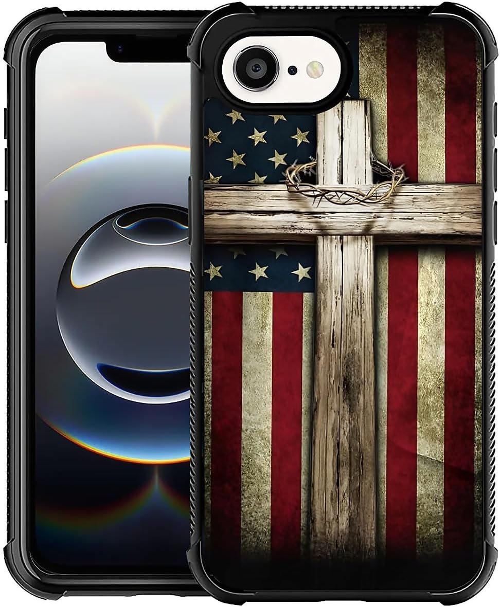 Case for iPhone 16e 6.1 inch,Four Corner Airbag Protection Design Soft Silicone Frame Personalized Pattern Case Compatible with iPhone 16e for Men-Cross American Flag