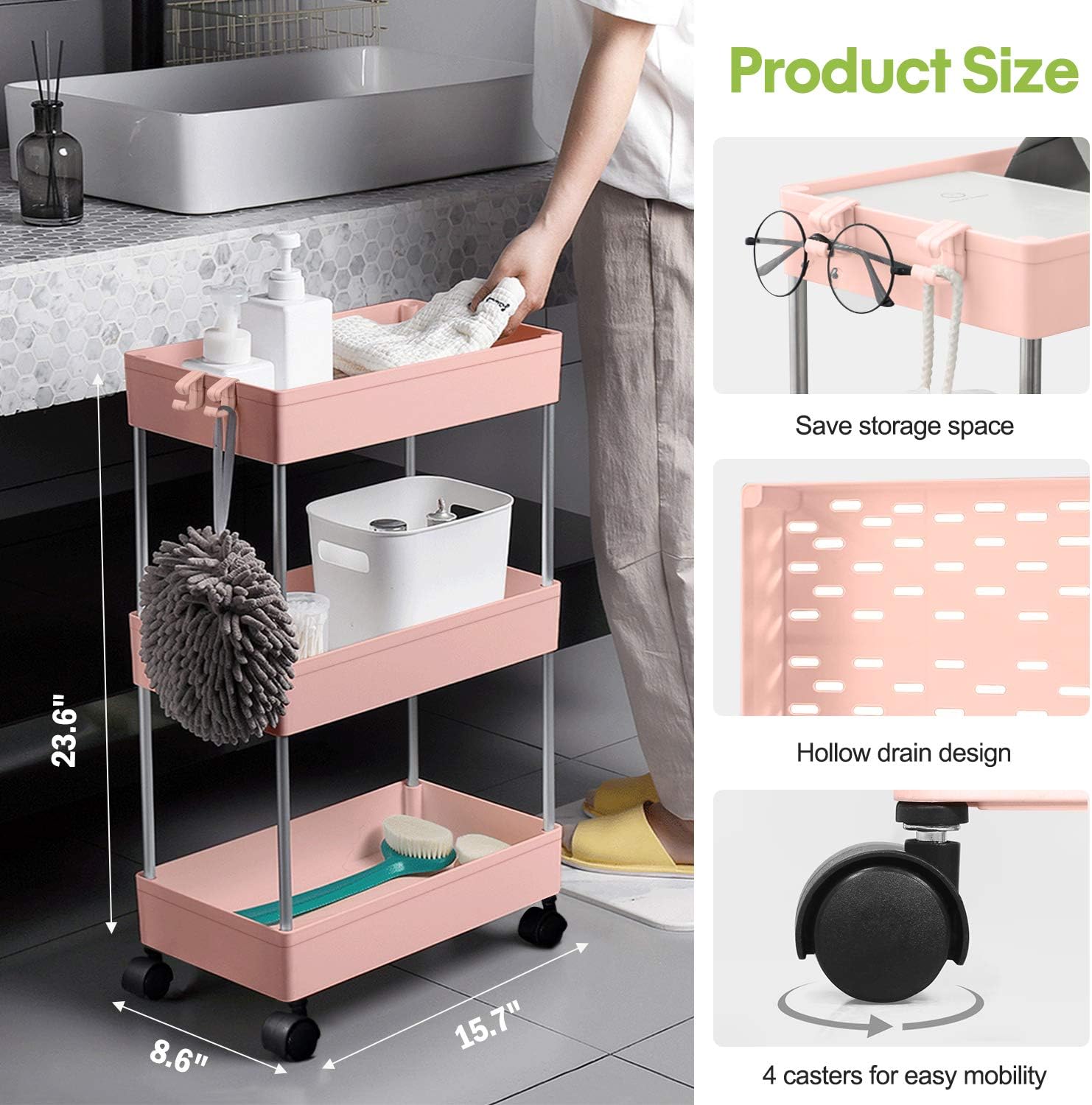 Bathroom Rolling Storage Cart with Wheels Kitchen Utility Cart Casters Mobile Laundry Organizer Shelves for Room Organizers, Make Up, Home School, Dorm Room Office Essentials (3-Tier, Pink 1)