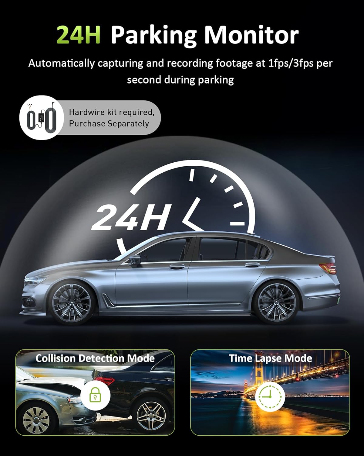Diagram showing the 24-hour parking monitor feature, illustrating collision detection and time-lapse recording modes.