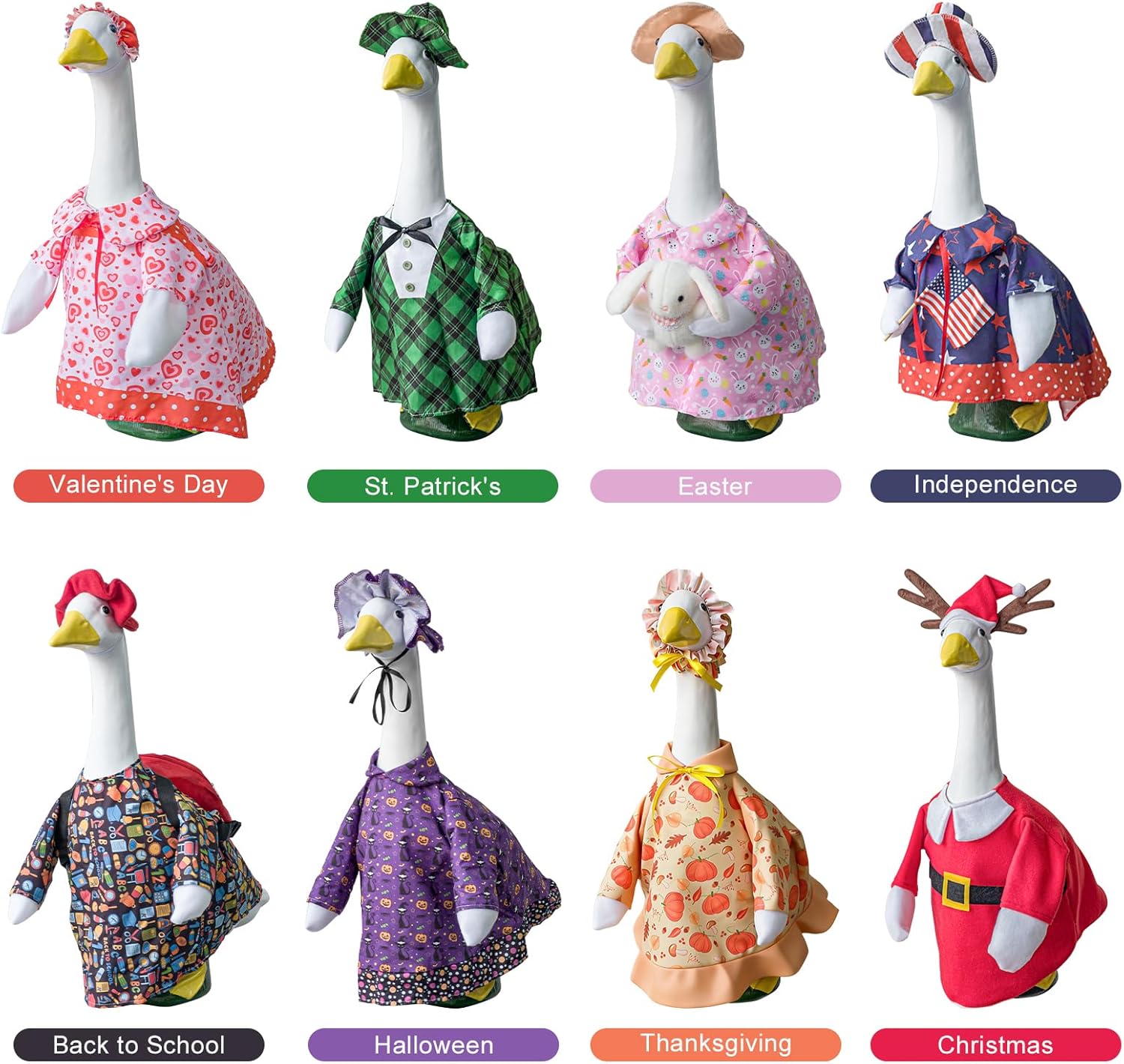 8 Set Porch Goose Outfits All Seasons Holiday Bundle, Valentine's Day, St. Patrick's, Easter, Independence, Back School, Halloween, Thanksgiving, Christmas Clothing for 23" Lawn Goose Patio Yard Deco - Image 2
