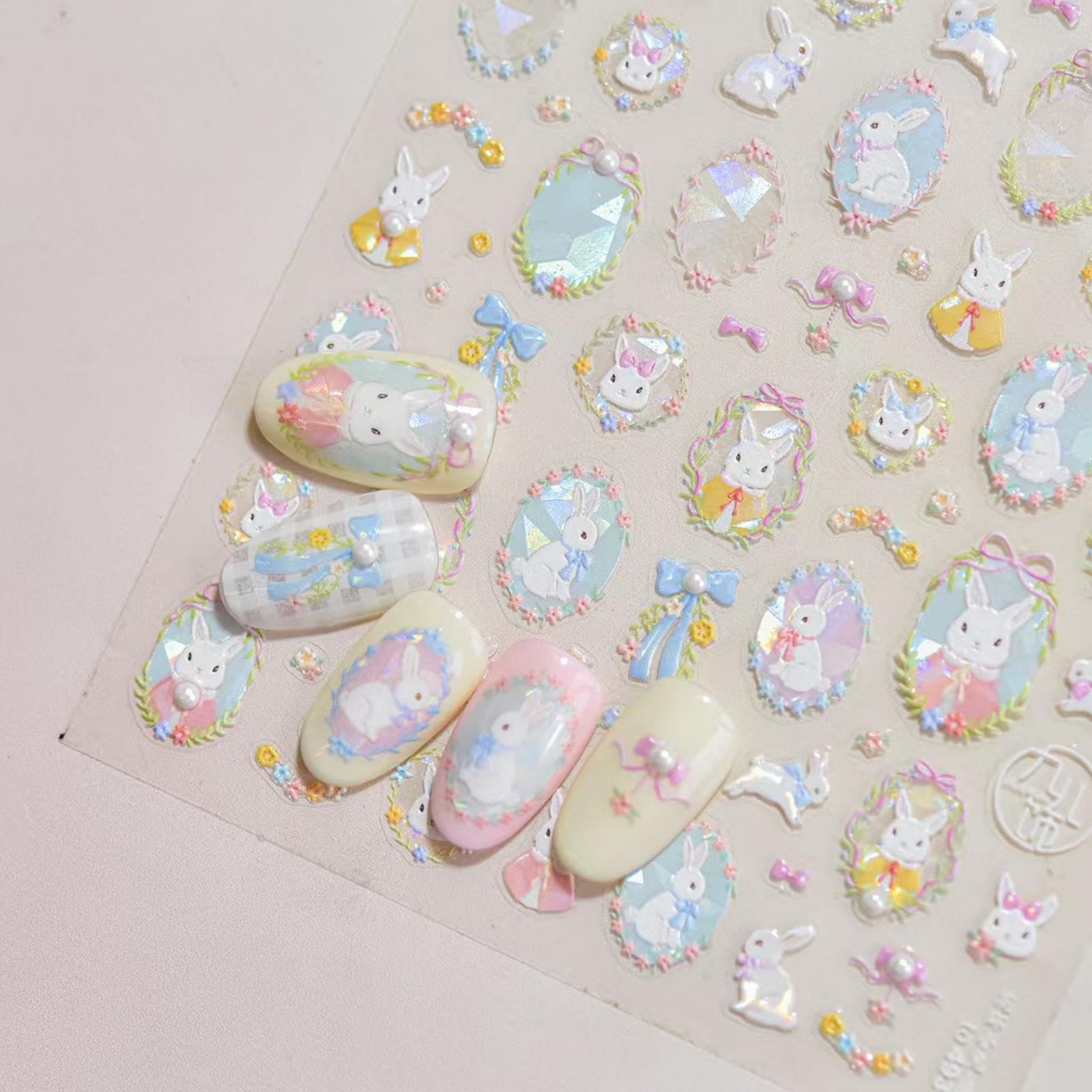 Rabbit Nail Art Sticker Easter Nail Decals Cartoon Nail Stickers for Nails Art Self Adhesive 5D Embossed with Pearl Design Nails Charm for Women DIY Manicure Supplies