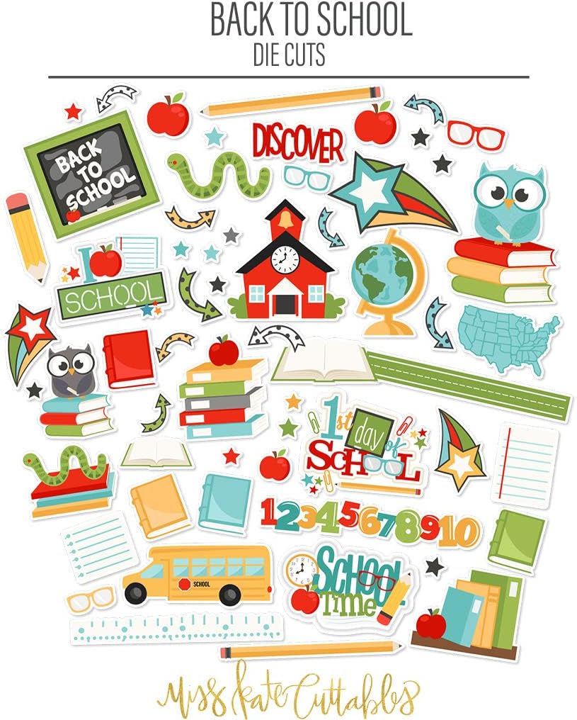 Die Cuts & Paper Set – Back to School – for Grade Preschool Kindergarten- 16 Single-Sided 12"x12" Sheets & Over 60 Coordinating Die Cuts - Scrapbook - by Miss Kate Cuttables