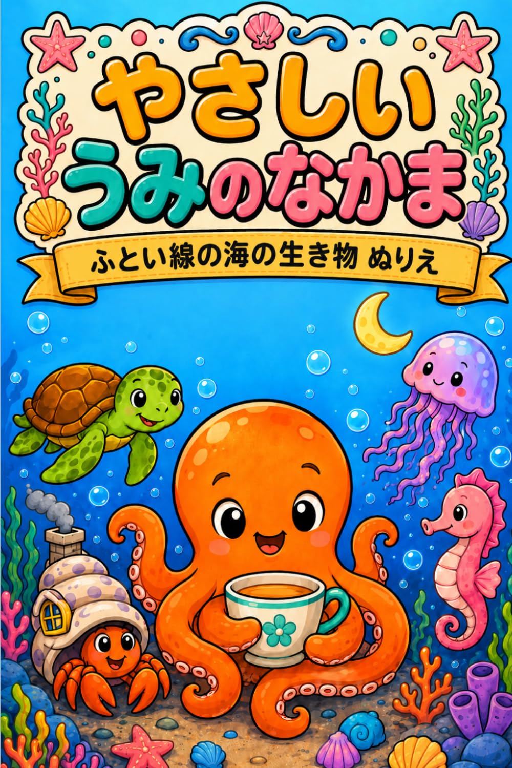 やさしい うみのなかま: ふとい線の海の生き物 ぬりえ