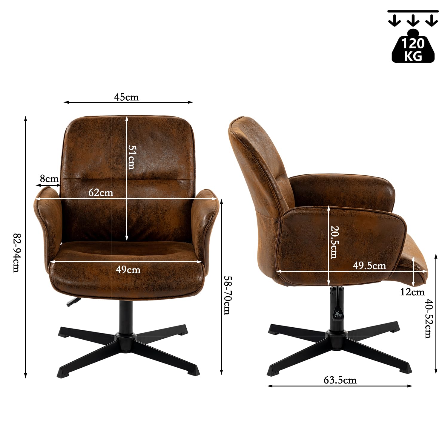 MEUBLE COSY Sedia da Ufficio Girevole Regolabile in Altezza Poltrona da Toelette Scrivania Seduta in Pelle Scamosciata per Studio Camera da Letto, Marrone