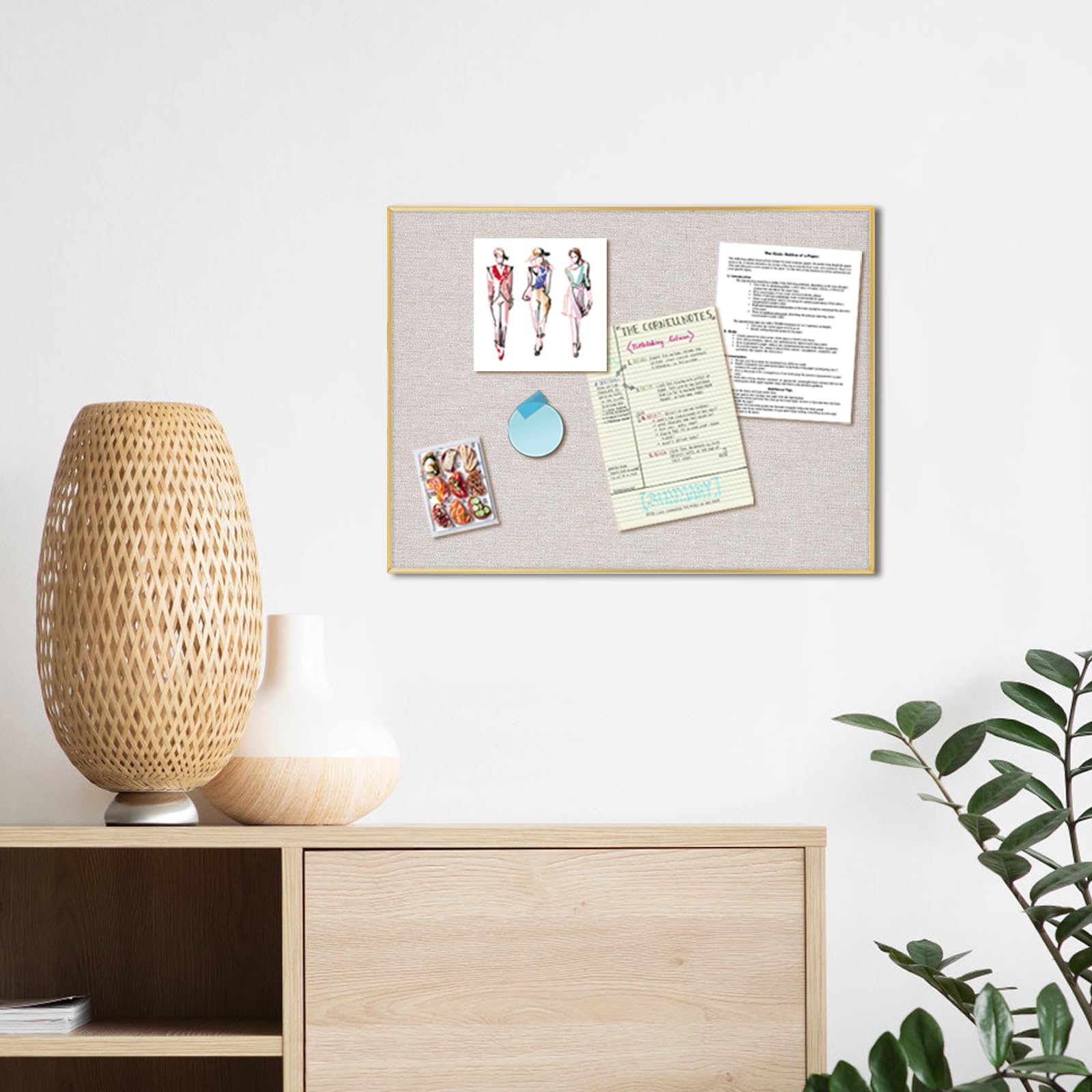 Tableau d'affichage avec cadre en aluminium doré, tableau en liège blanc d'avoine pour murs, tableau d'affichage de 43,2 x 33 cm avec punaises pour bureau et maison (G-AL, tissu, 4333)