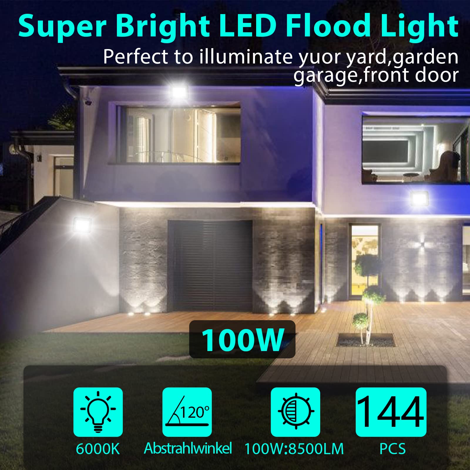 Lospitch LED Strahler, 100W Scheinwerfer Superhell 8500LM 6000K Kaltweiß Außenleuchte, Flutlicht IP66 Wasserdicht Außenstrahler für Garten, Auffahrt (Kein Stecker)