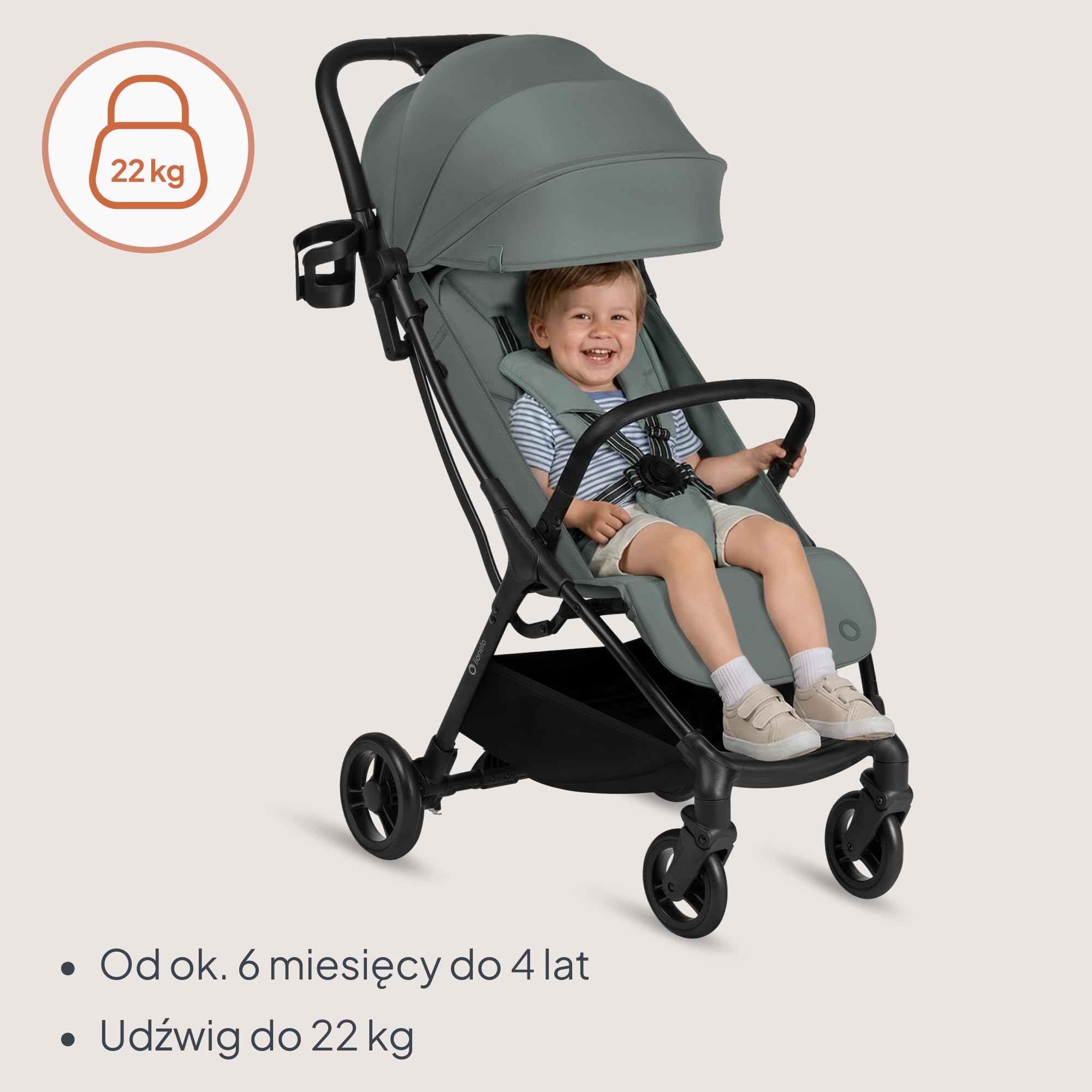 Lionelo Agia wózek podróżny do 22 kg, lekki wózek dziecięcy od 6 miesięcy, mały, składany, z funkcją automatycznego składania jedną ręką, funkcja leżenia, duża powierzchnia do siedzenia, zawieszenie