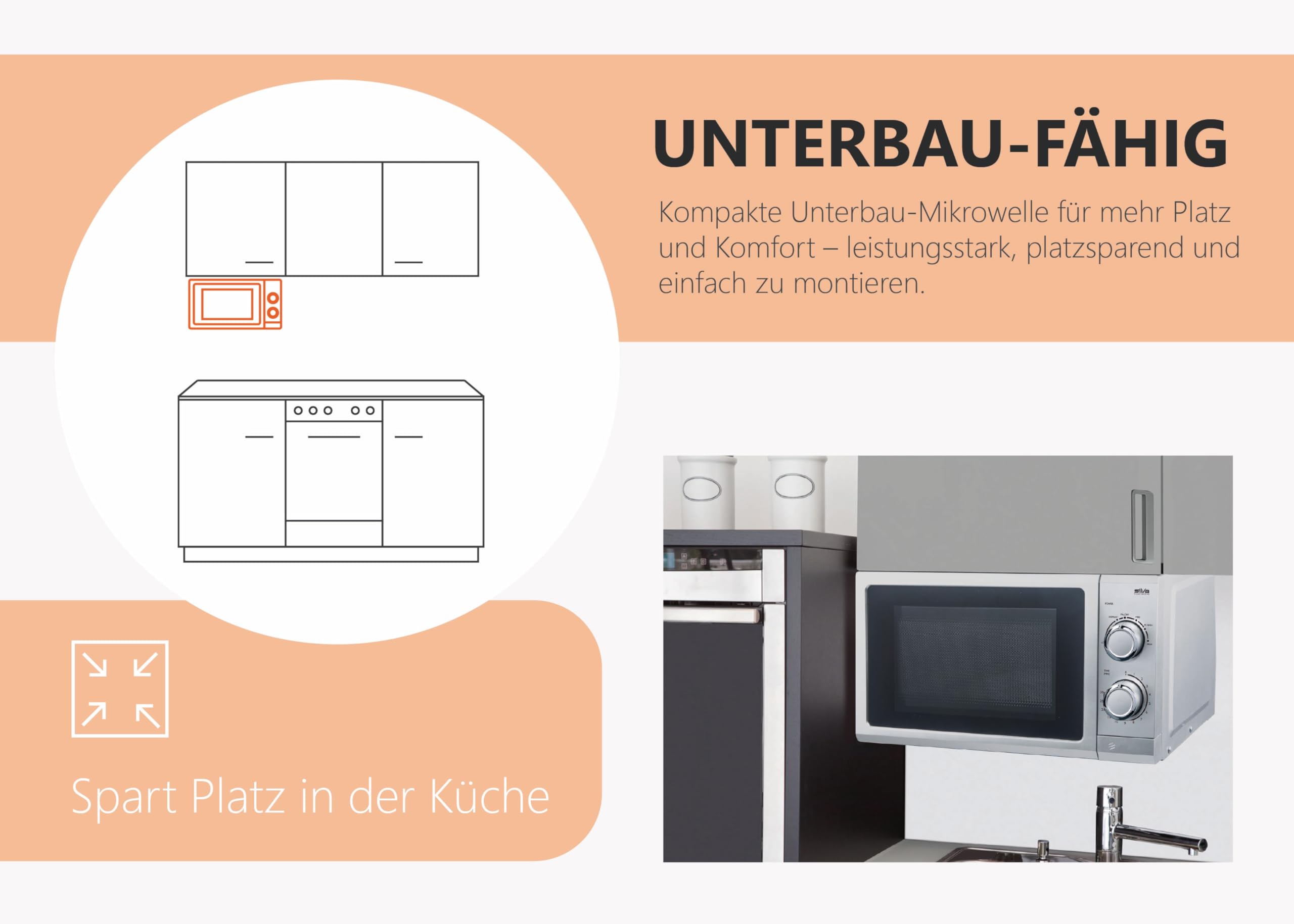 Silva Homeline MW-U 25.4 – Unterbau-Mikrowelle 700 W, 17 L Garraum, 6 Leistungsstufen inkl. Auftauen, 30-Minuten-Timer, akustisches Endsignal, Glasdrehteller 24,5 cm, inkl. Unterbau-Montagematerial –