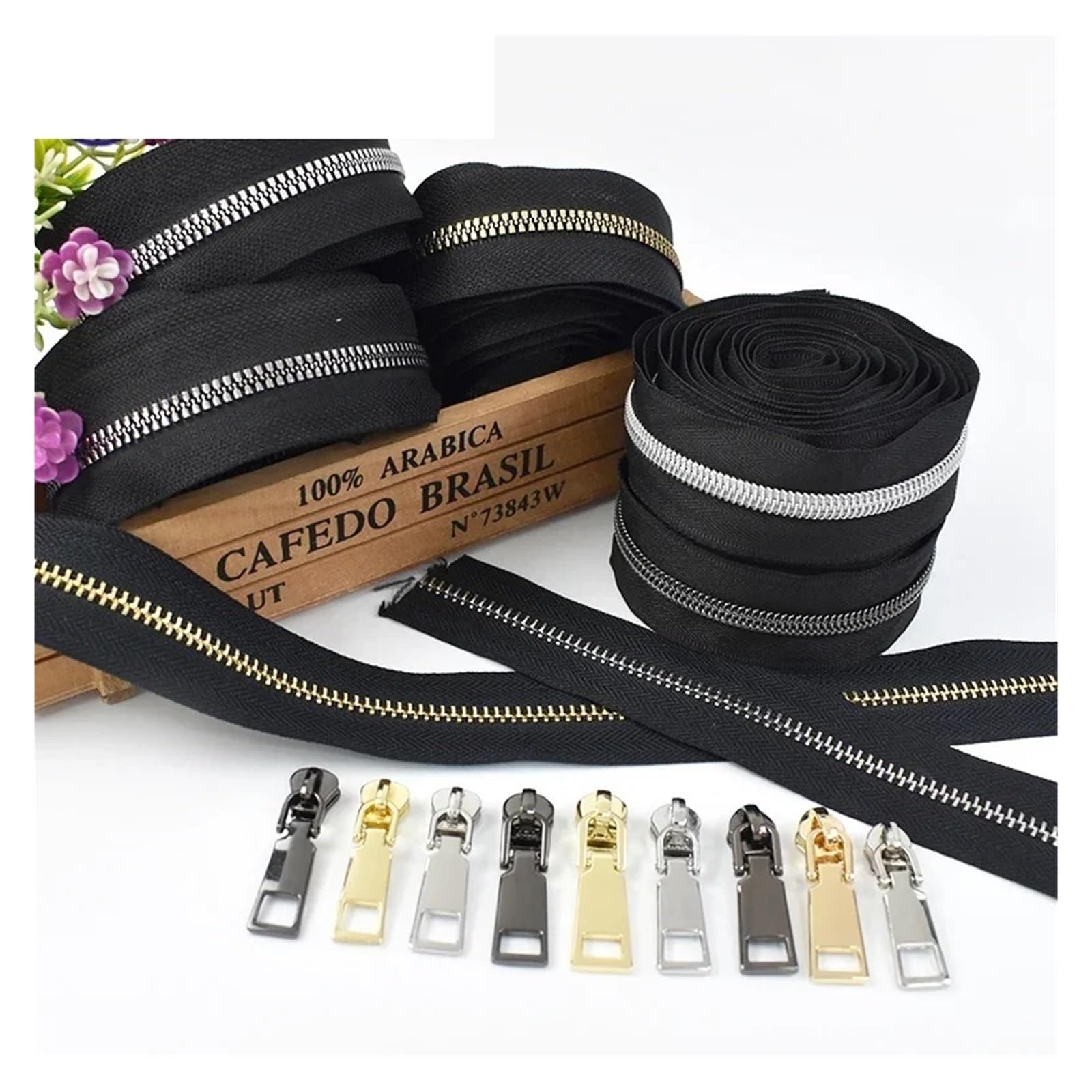 Cremallera de una sola uso intensivo, Cremallera de Metal 5# con deslizadores, 2/4/10M Multicolor for costura DIY cartera bolso(Silver01,10M-10PCS-SLIDER)