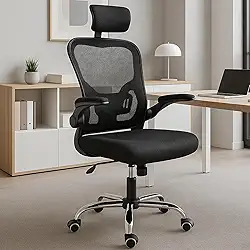 Cadeira Ergonomica para Escritorio com Suporte Lombar, Encosto de Cabeça Regulável, Malha Respirável, Altura Ajustável e Base Giratória, Conforto Total, Preto
