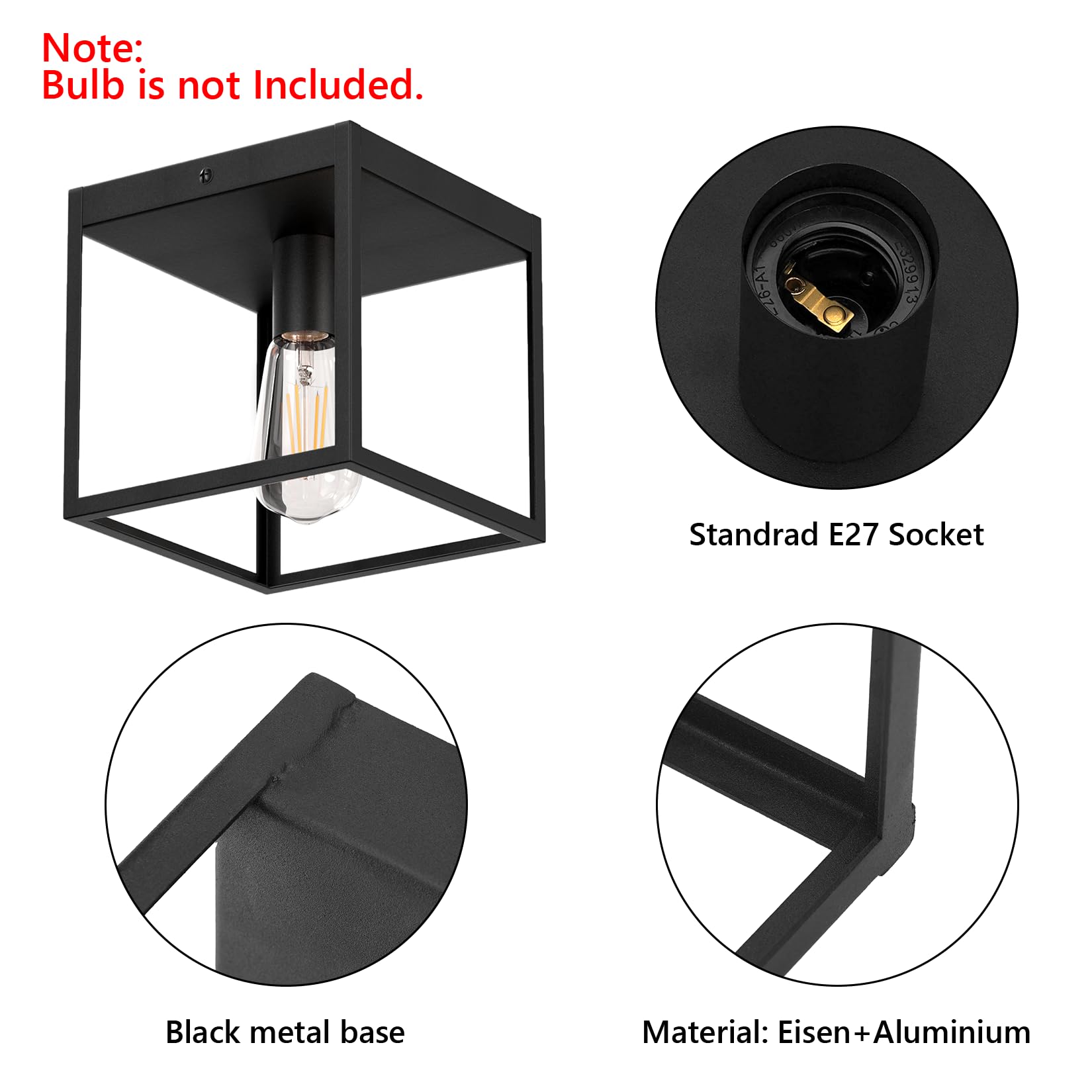 Klighten 2 Stück Schwarz Deckenleuchte E27, Leuchtmittel nicht Inklusive | E27 Fassung industrial deckenlampe schwarz eckig, Aluminium und Eisen, vintage Deckenlampe für Flur Schlafzimmer Wohnzimmer