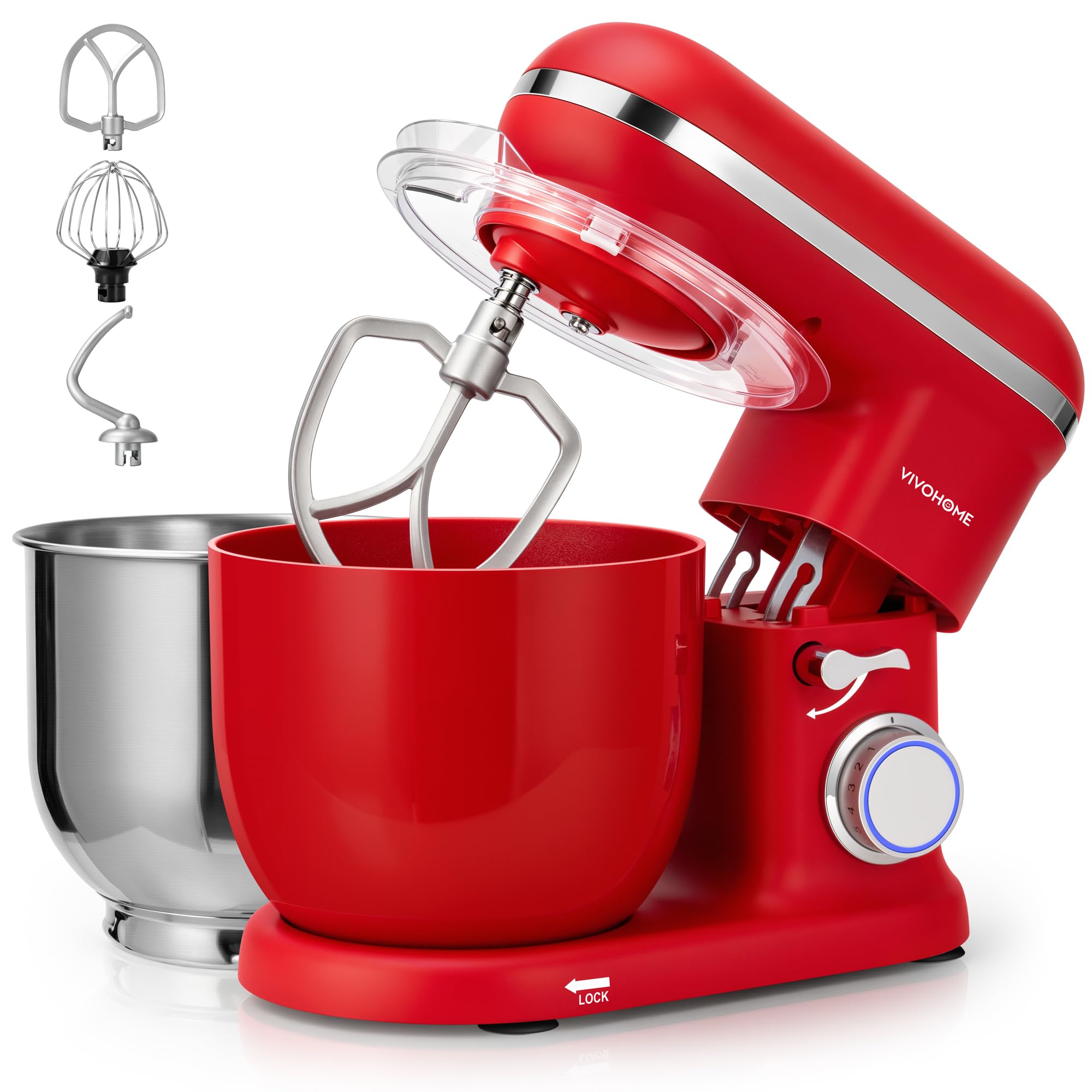 VIVOHOME 3.5-Qt Dual-Bowl Stand Mixer for Dough, Cakes & Bread, Red | 10 Speeds, Stainless Steel & Food-Grade Plastic Bowls, Compact Design for 1-2 People, Dough Hook, Beater, Whisk, Splash Guard