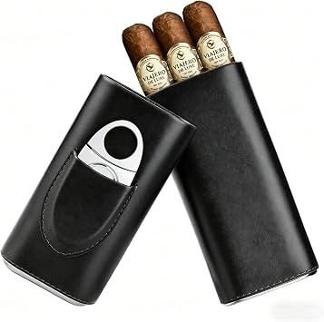 Cigar case cedar wood lined - travel cigar cutter humidor case Black