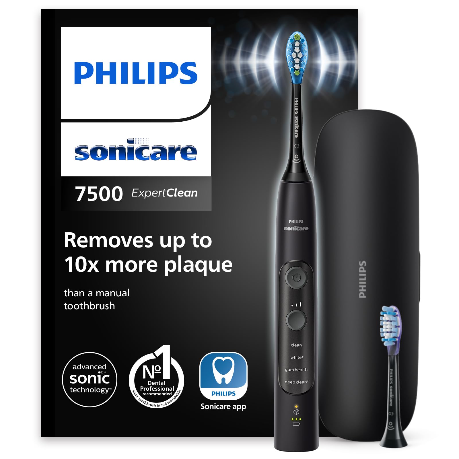 Philips Sonicare ExpertClean 7500 cepillo dental eléctrico, con aplicación, 4 modos de cepillado y 3 niveles de intensidad, sensor de presión, estuche de viaje, negro, modelo HX9631/16 2 715QTkZD yL