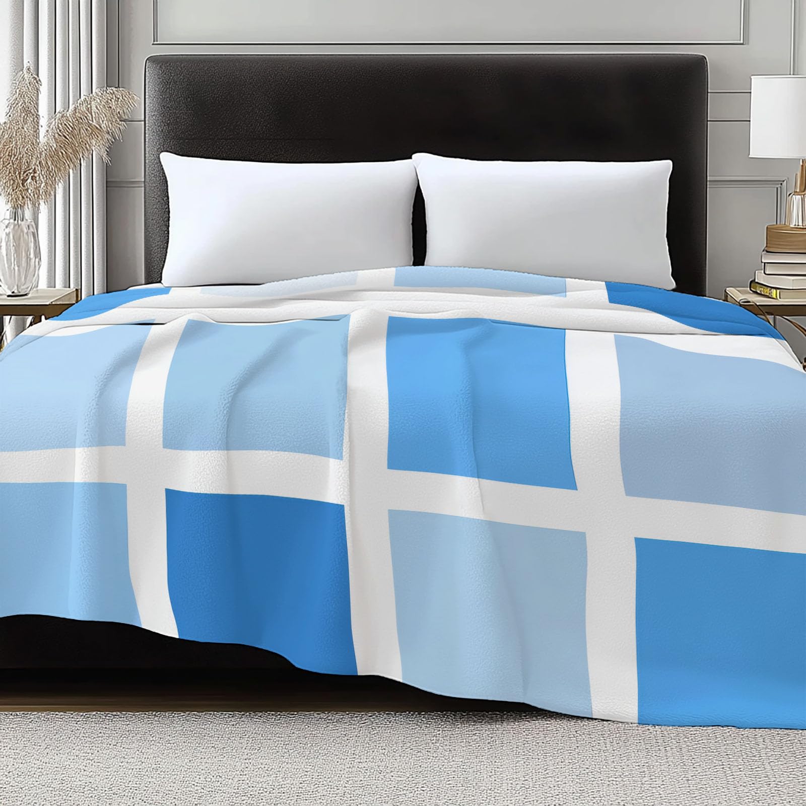 Przytulny koc 150 x 200 cm, geometryczny koc kwadratowy, flanelowy, przytulny, koc na kanapę, ciepły koc do przytulania, na 4 pory roku, lekki koc na sofę, niebieski