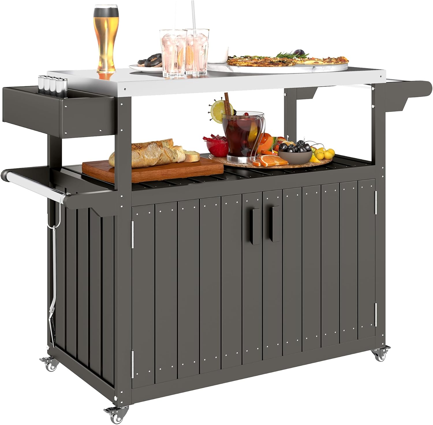 Outsunny Outdoor Bar Cart with Storage Cabinet, Stainless Steel Top Kitchen Island on Wheels, HDPE Outdoor Bar Table, Movable Patio Beverage Food Prep Table for BBQ Picnic, Dark Gray