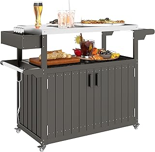 Outsunny Outdoor Bar Cart with Storage Cabinet, Stainless Steel Top Kitc...