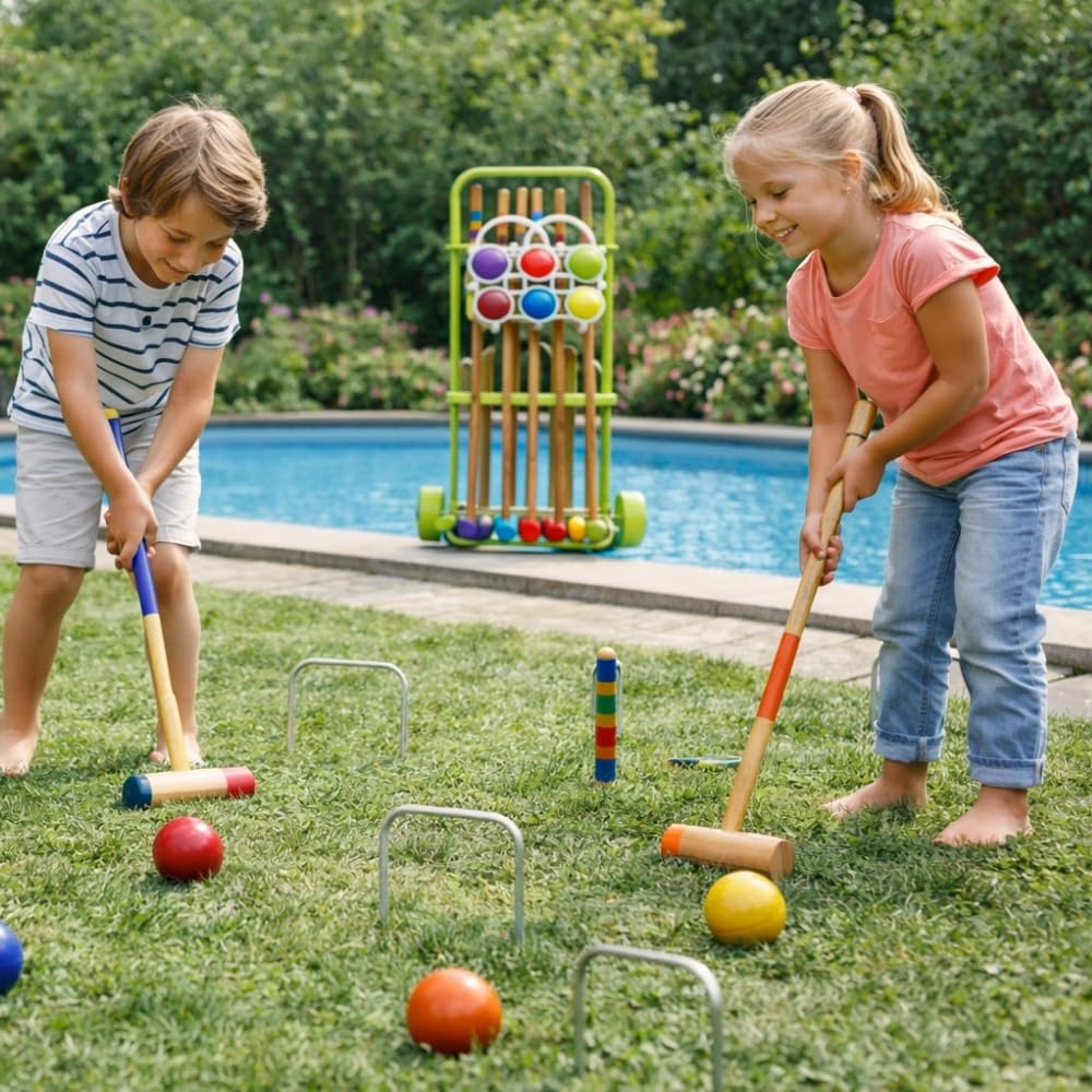Jeu de Croquet en Bois pour 6 Joueurs, Set Complet avec Chariot de Transport, 6 Maillets, 6 Boules, 8 Arceaux Métalliques, pour Jardin et Extérieur