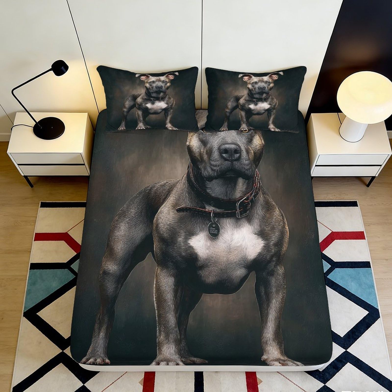 3D Printed Black Pitbull Fitted Sheet Microfiber Soft Anti-Slip Dog Pattern Bed Cover for Bedroom Guest Room Mattress Protection Decor 90x200x25cm