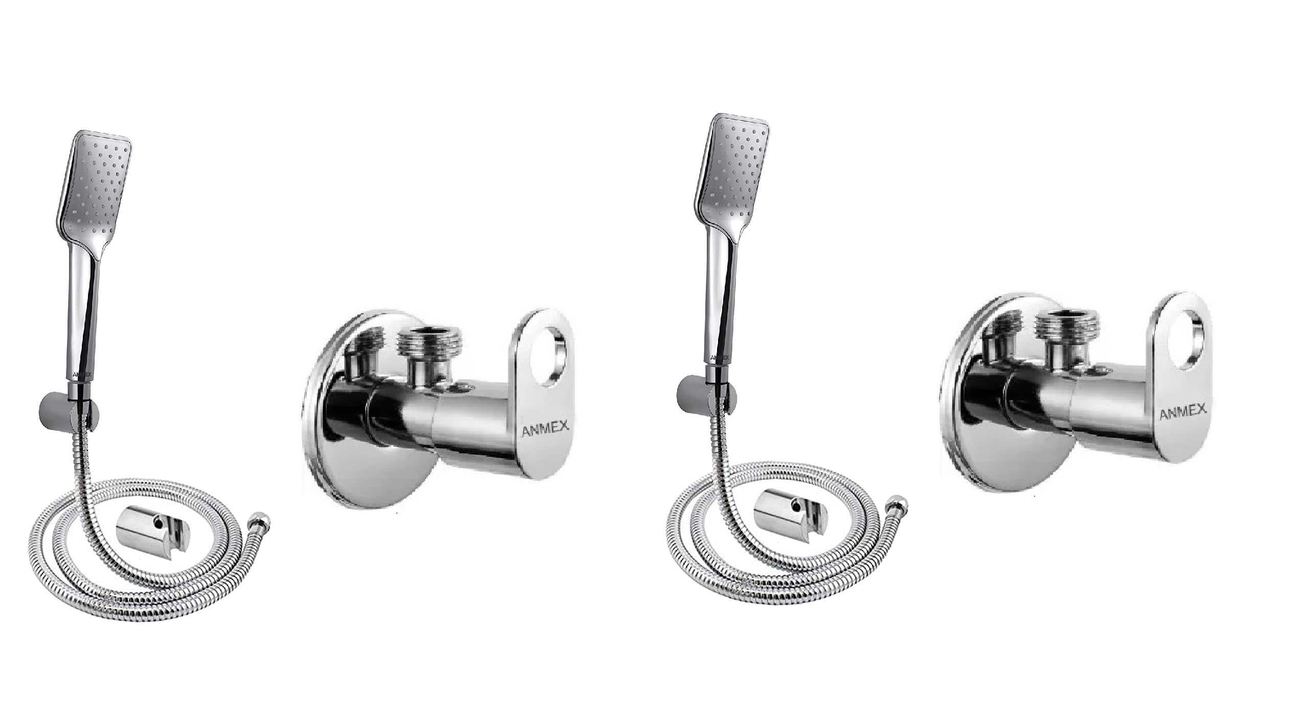 ANMEX® Premium Chrome Finish (ABS) High Pressure Hand Shower with 1.5mtr SS Shower Tube and Wall Hook With MAXX Stainless Steel Angle Valve & Wall Flange - PACK OF 2