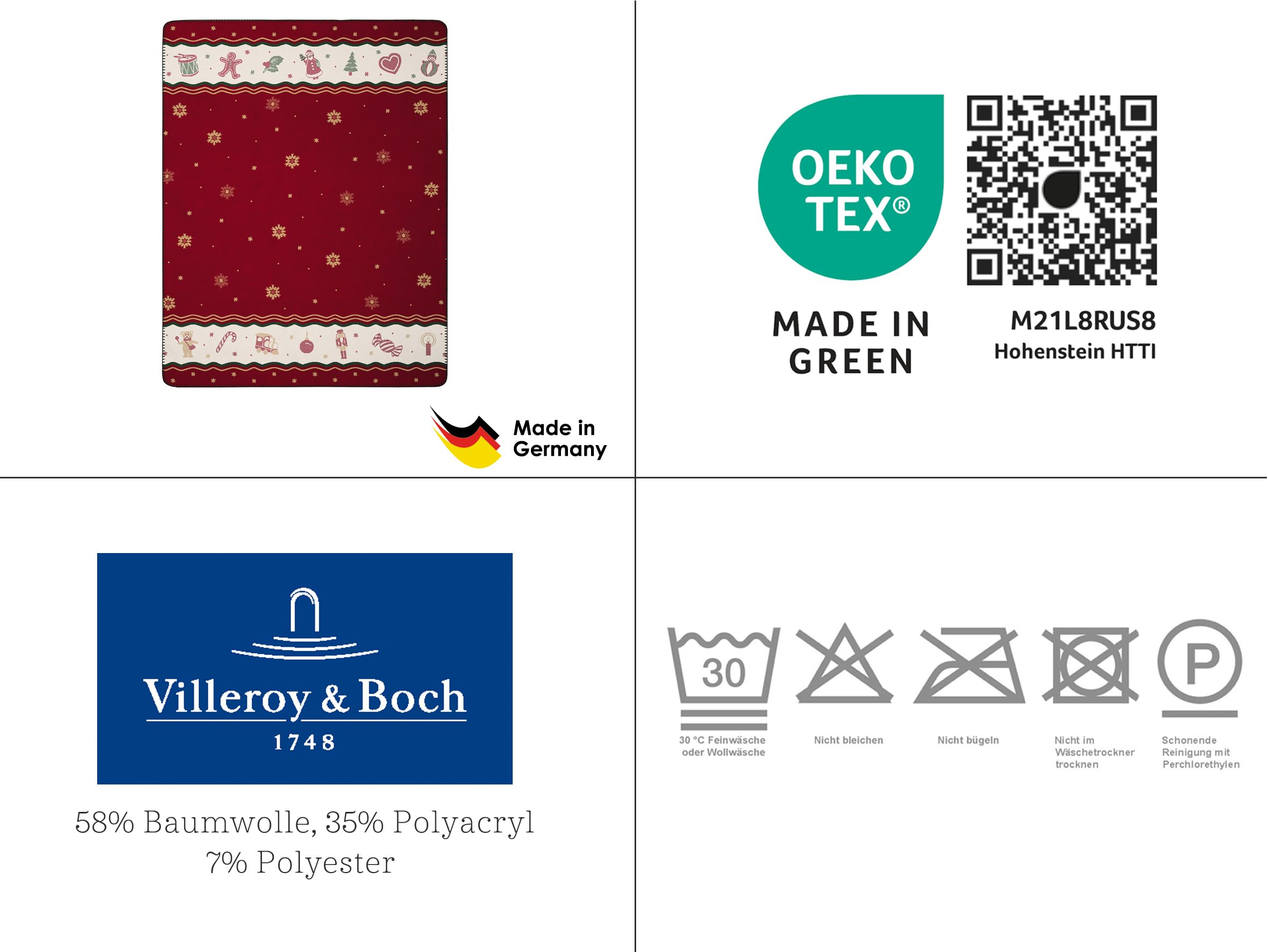 Villeroy & Boch Wohndecke Toy's Delight Ruby, Weihnachtsdecke in 150x200 cm | Made in Germany, weiche Kuscheldecke mit Weihnachtsmotiven, OEKO-TEX Made in Green, rote Sofadecke aus Baumwollmischgewebe