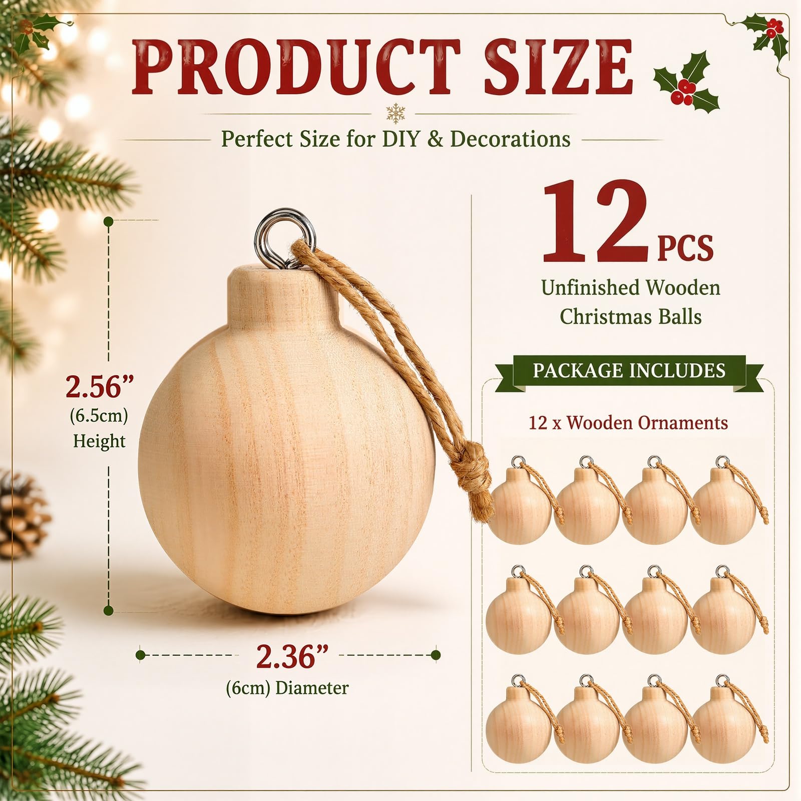 Hiboom 12 Stück 6,6 x 6,1 cm große Holz-Weihnachtskugeln, unlackiert, natürlich, rund, Paulownia-Kugeln, Ornamente für Weihnachtsbäume, Basteln, Basteln, Basteln, Malen, Erwachsene, 12 Stück