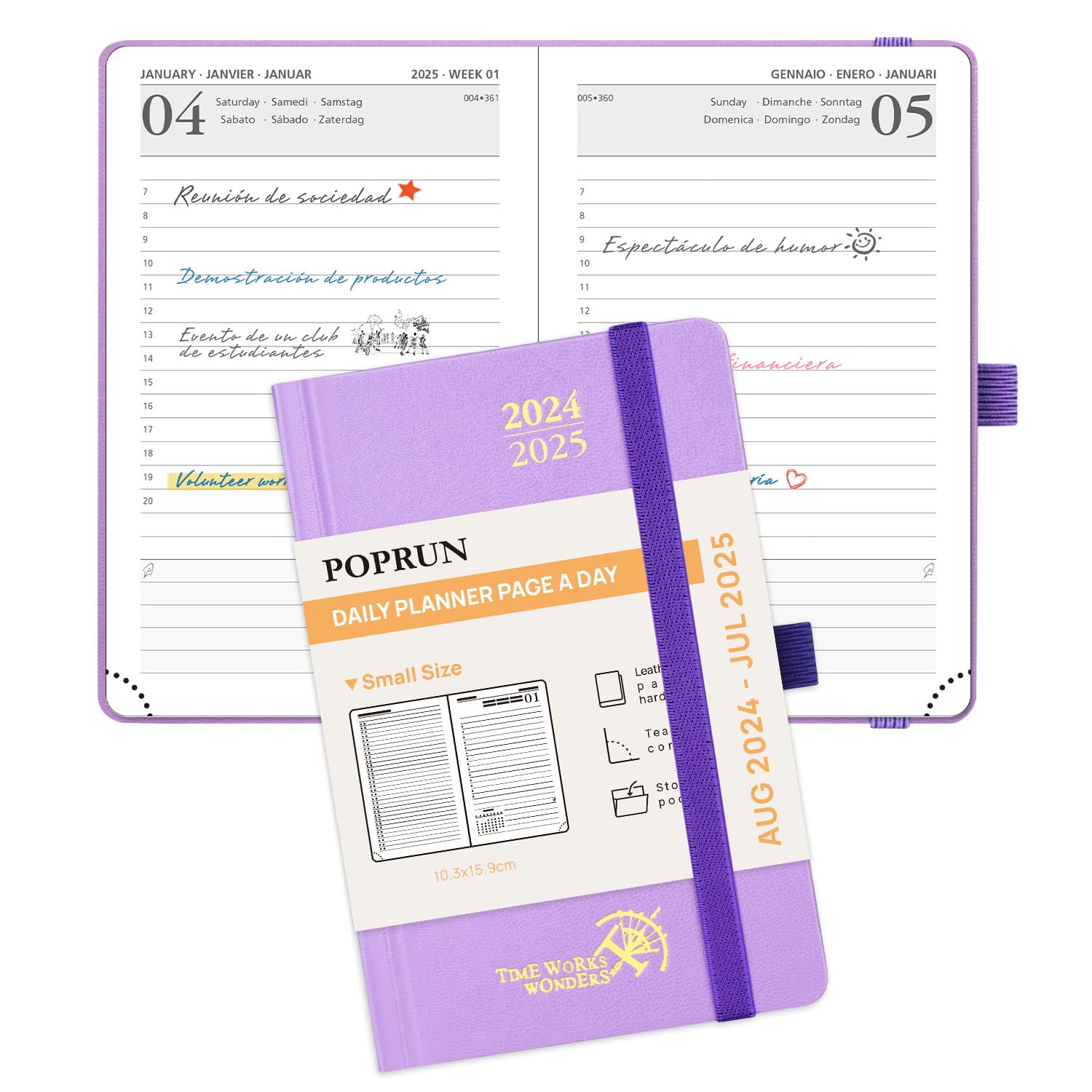 POPRUN Agenda 2024 2025 Dia Por Pagina Pequeña, Diaria 12 Meses 16 x 10,5 cm con Tapa Dura, Banda Elástica, Papel Certificado FSC® 80 GSM, Violet Claro