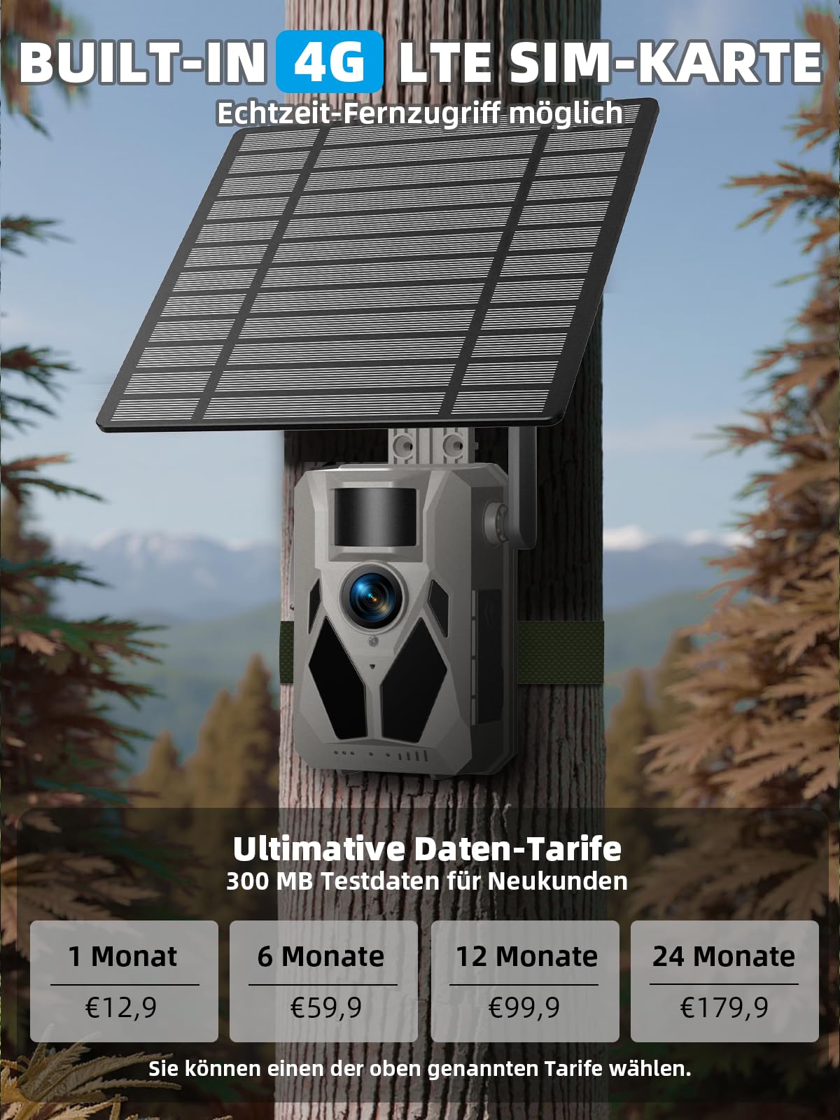 Wildkamera, 4G LTE Wildkamera mit Handyübertragung APP, 2,5K Wildtierkamera Solar mit SIM Karte, Bewegungsmelder, Nachtsicht, 0,2 s Auslösezeit, IP65 wasserdicht, 32GB SD Karte und 7800mAh Akku