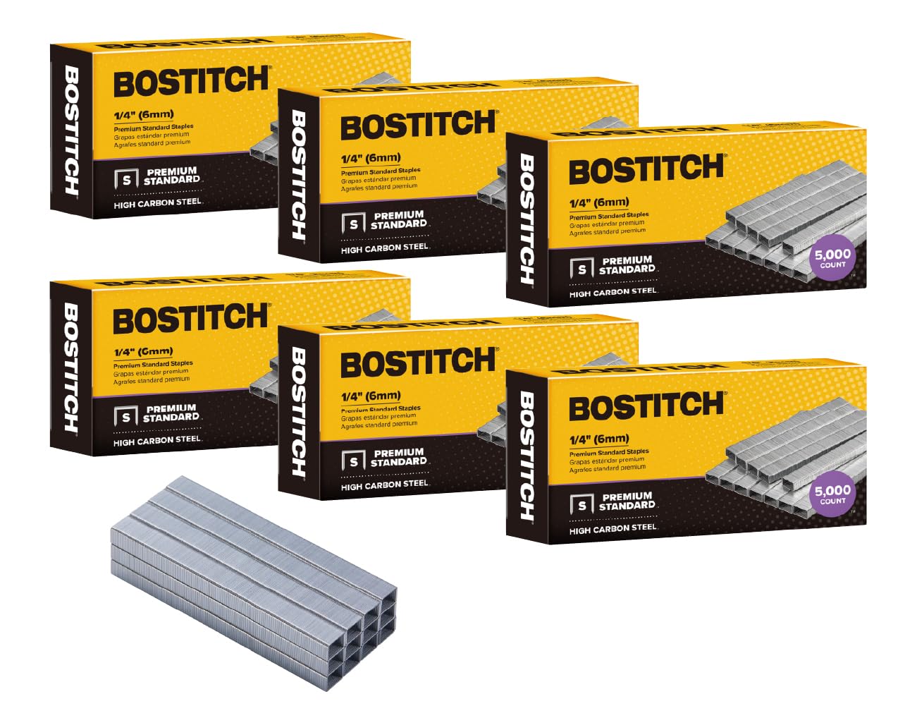 Bostitch Office 30,000 Standard Staples, 1/4" Length, Full Strip Staples, 210/Strip, 5000 Per Box, 6-Pack image 1