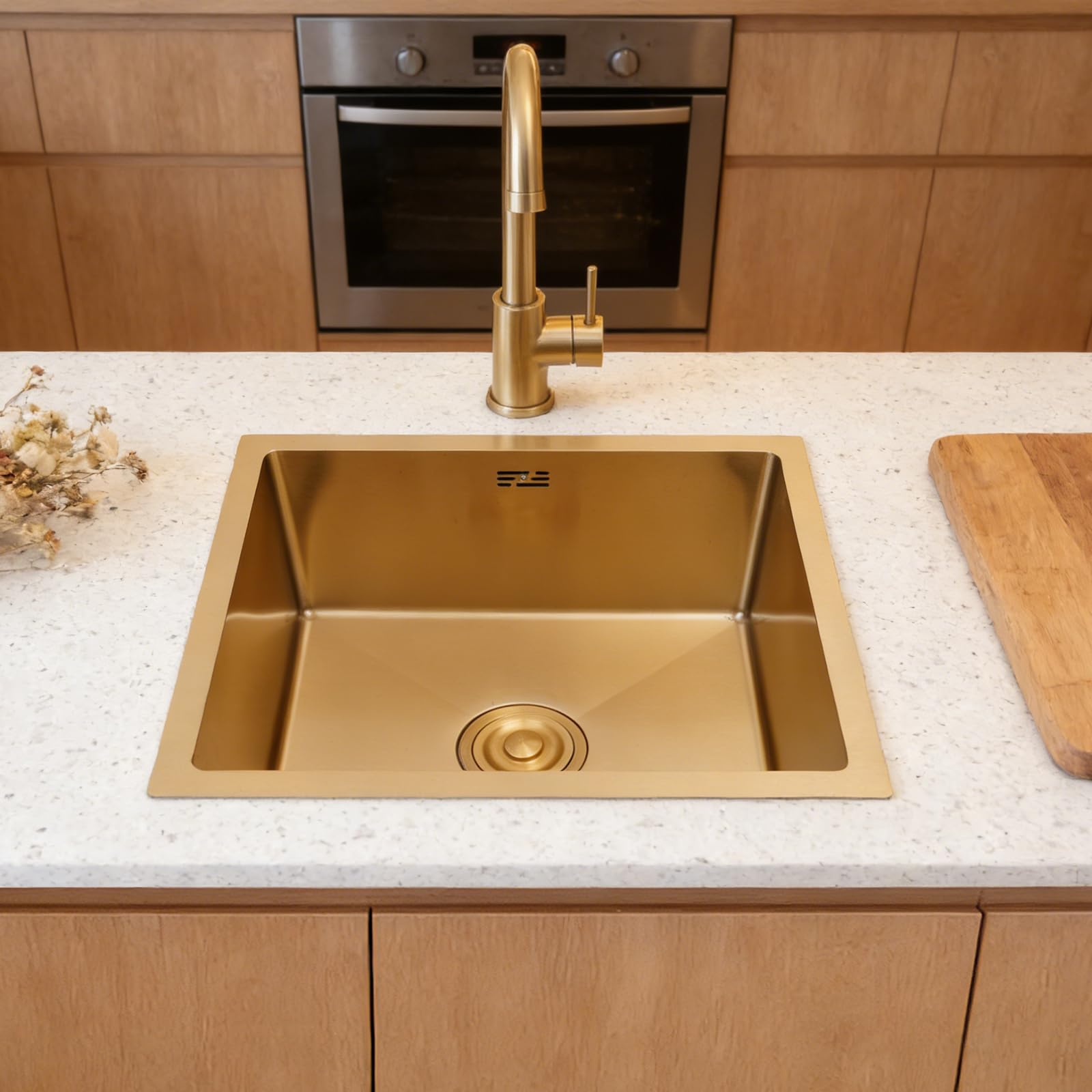 Fregadero de cocina de 50 x 45 cm, acero inoxidable dorado, con filtro de drenaje, 1 lavabo para encimeras e instalación integrada, para cocinas abiertas, bares, islas centrales, balcones