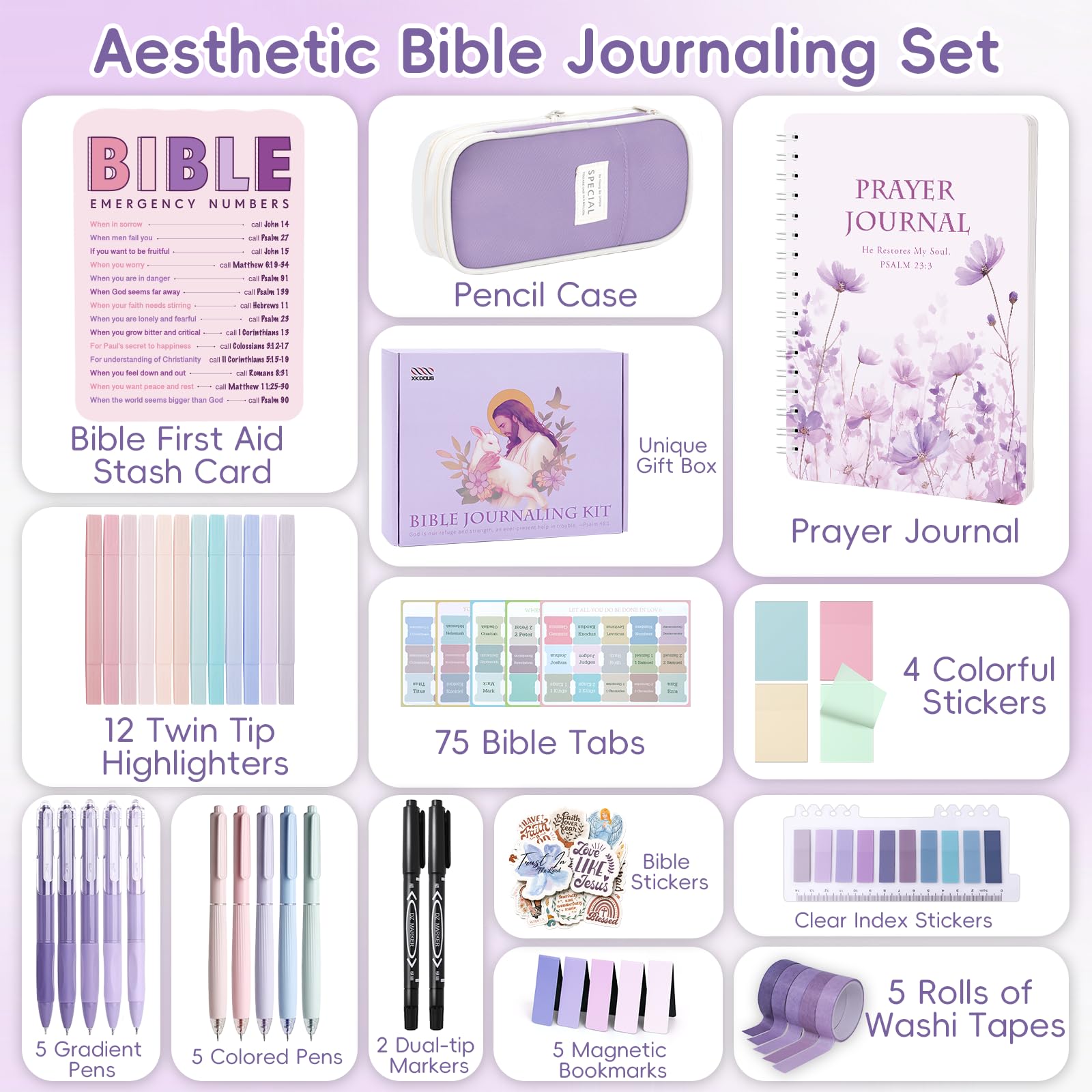 XKDOUS Kit de diario de estudio bíblico para mujeres, kit de estudio bíblico, herramientas de estudio bíblico con diario de oración, estuche para lápices, accesorios de la Biblia, regalos cristianos