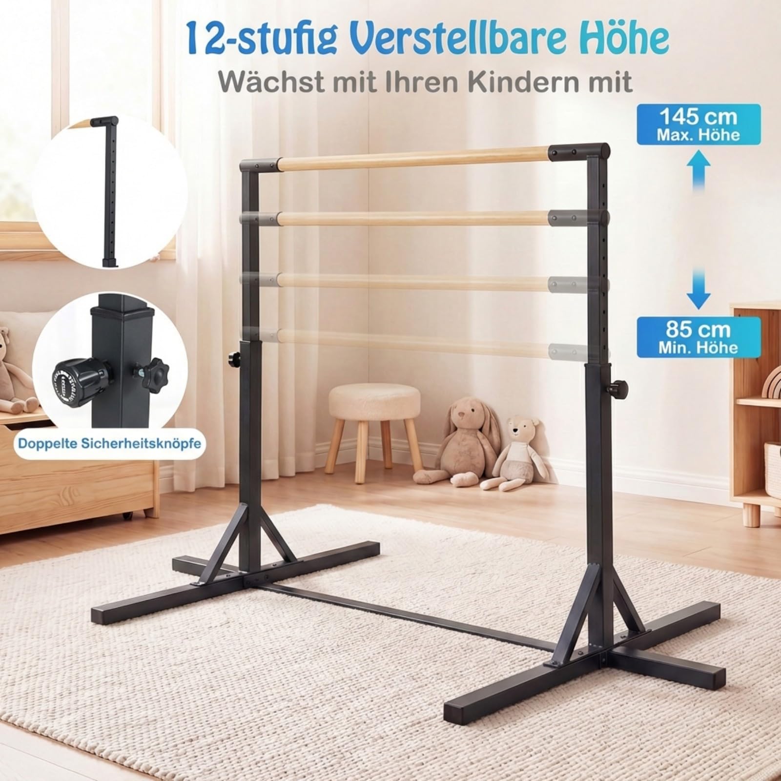 COSTWAY Gymnastik Turnreck, Reckstange Indoor mit verstellbaren Höhen, Gymnastikstange horizontal, Turnstange bis 150 kg belastbar, Turngeräte für Kinder ab 3 Jahren