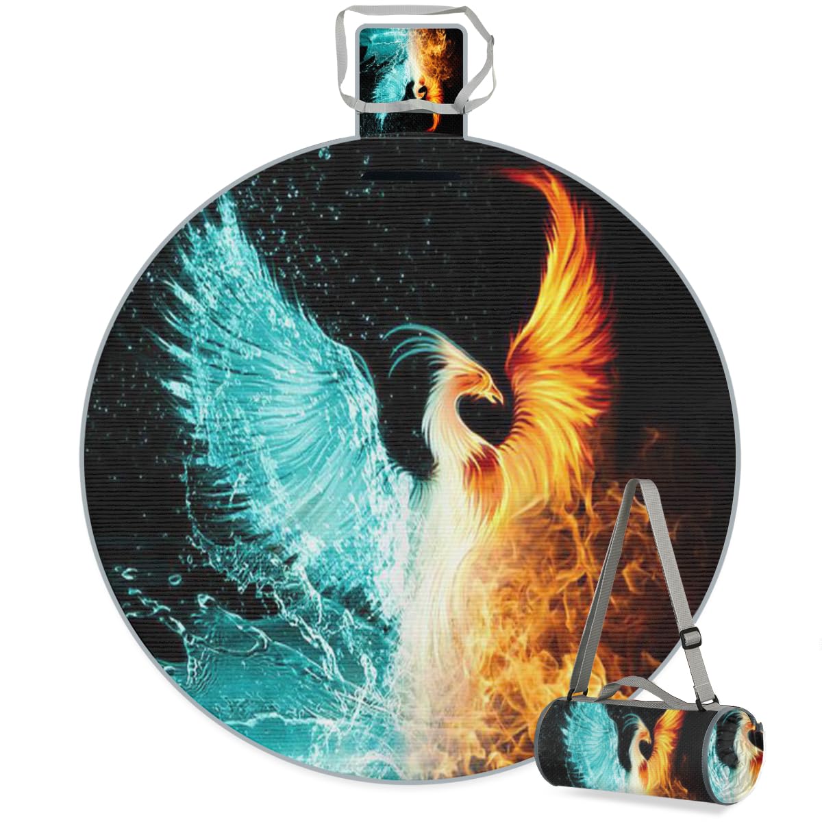 Shimoshe Art Painting Phoenix Picnic Outdoor Blanket Foldable Waterproof Sandproof Beach Blanket Portable Water-Resistant Round Picnic Mat for Travel Camping Park Lawn