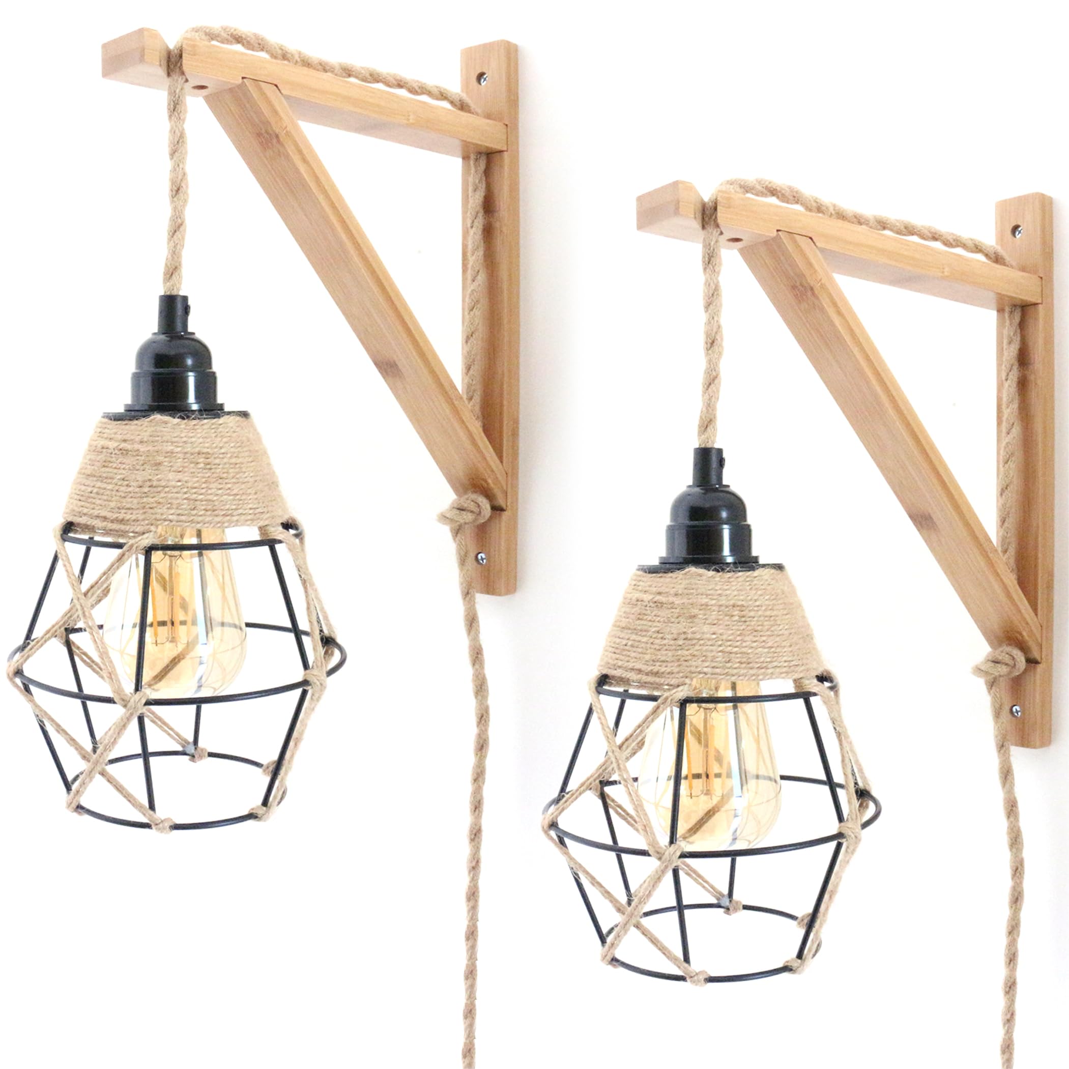 Supporto da parete in bambù per lampade a sospensione, set di 2, decorativo boho in legno, per diverse sospensioni, naturale