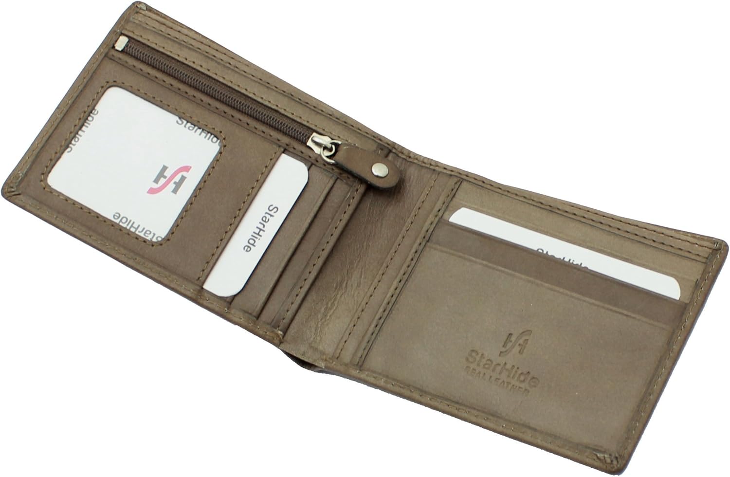 STARHIDE Men's Brown Smooth Leather Wallet With A Zip Coin Pocket & Id Window
