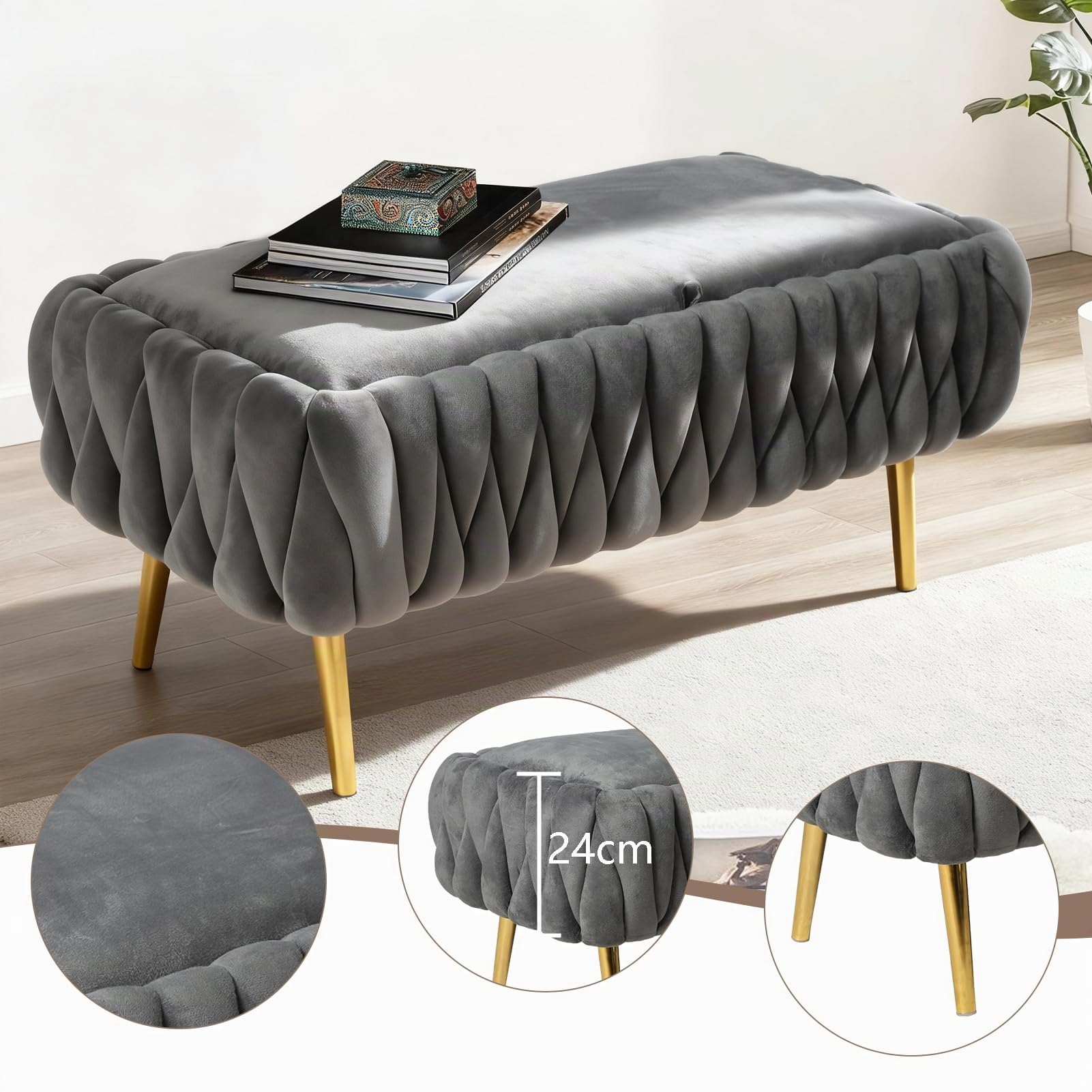 Sitzbank mit Stauraum, Samt, Bettbank Gepolstert, Sitztruhe mit Stauraum, 105 cm Gold Metallbeine, bis 300 Kg Belastbar für Flur Eingangsbereich Wohnzimmer Schlafzimmer (Grey)