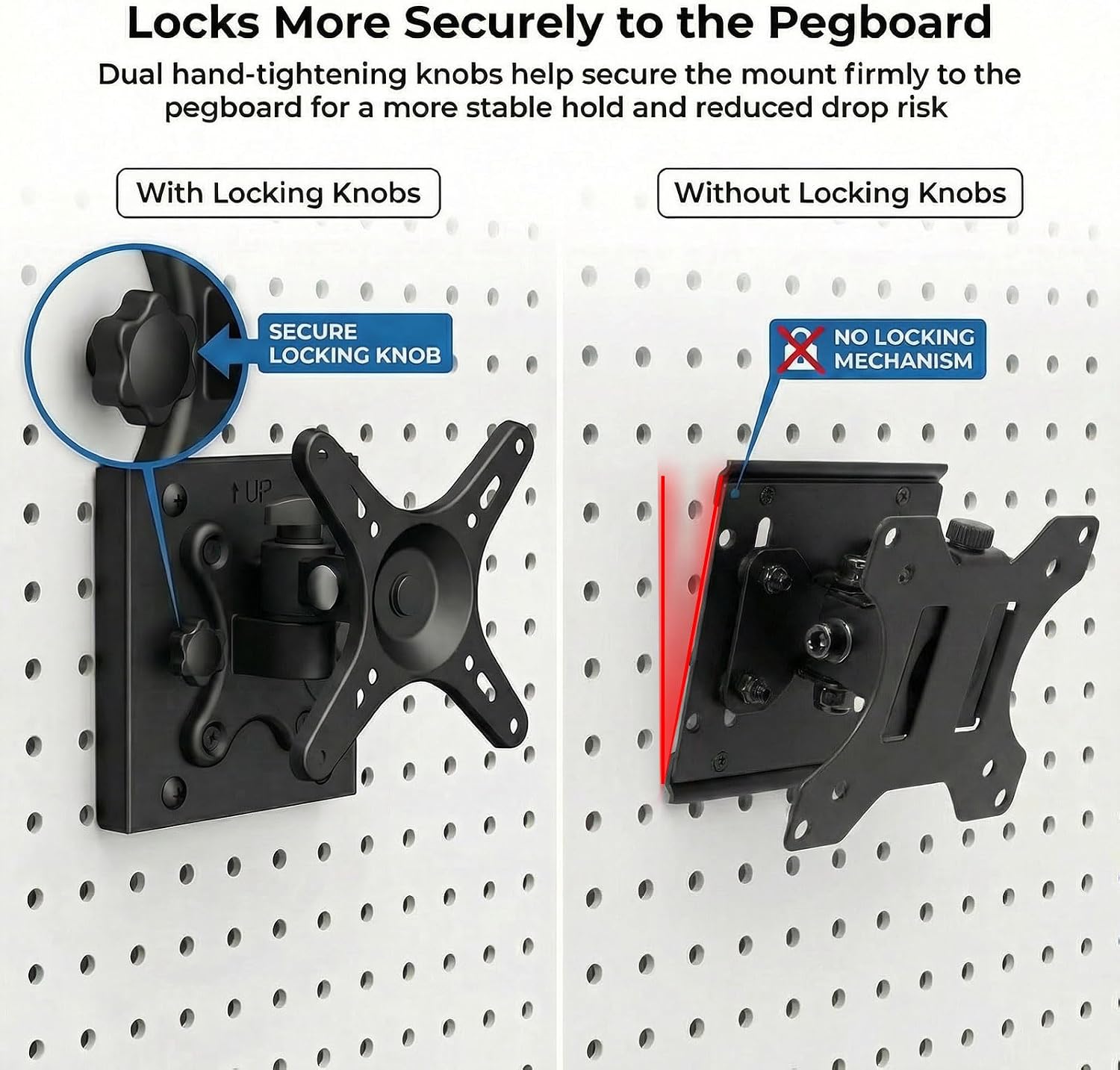 Adjustable Monitor Pegboard Mount for 13" to 32" Screen VESA 75x75 100x100 Monitor Pegboard Panels Mount for Pegboard with 1 inch Hole Spacing and 1-3 mm Thick 360° Rotate Monitor Bracket for Pegboard