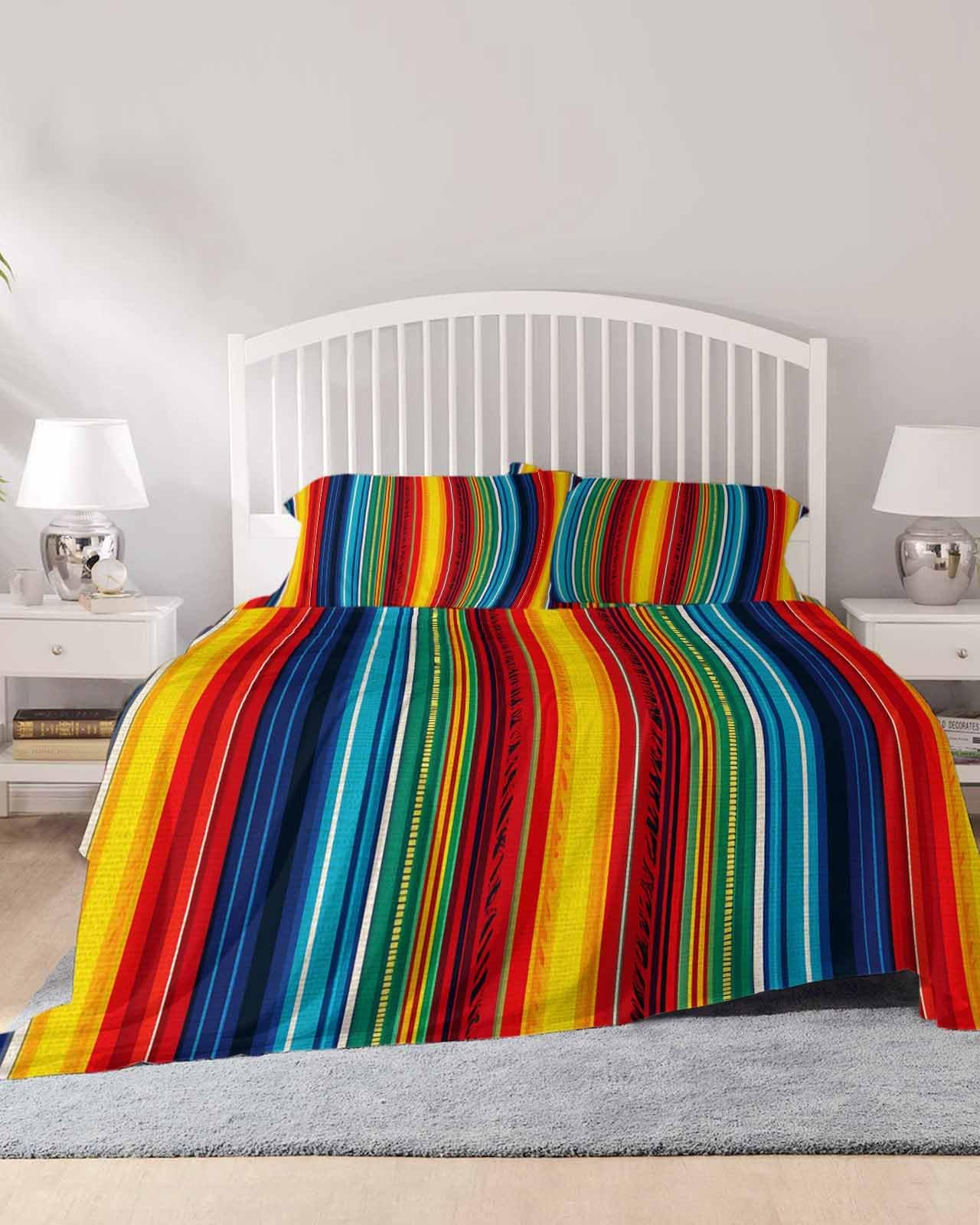 Abstract Vertical Striped King Size Bed Sheets,Breathable Cooling Sheets with Deep Pocket,Colorful Rainbow Stripes Retro Soft Flat Sheet,Fitted Sheet & Pillowcases,4 Piece Wrinkleproof Bedding+Sheets